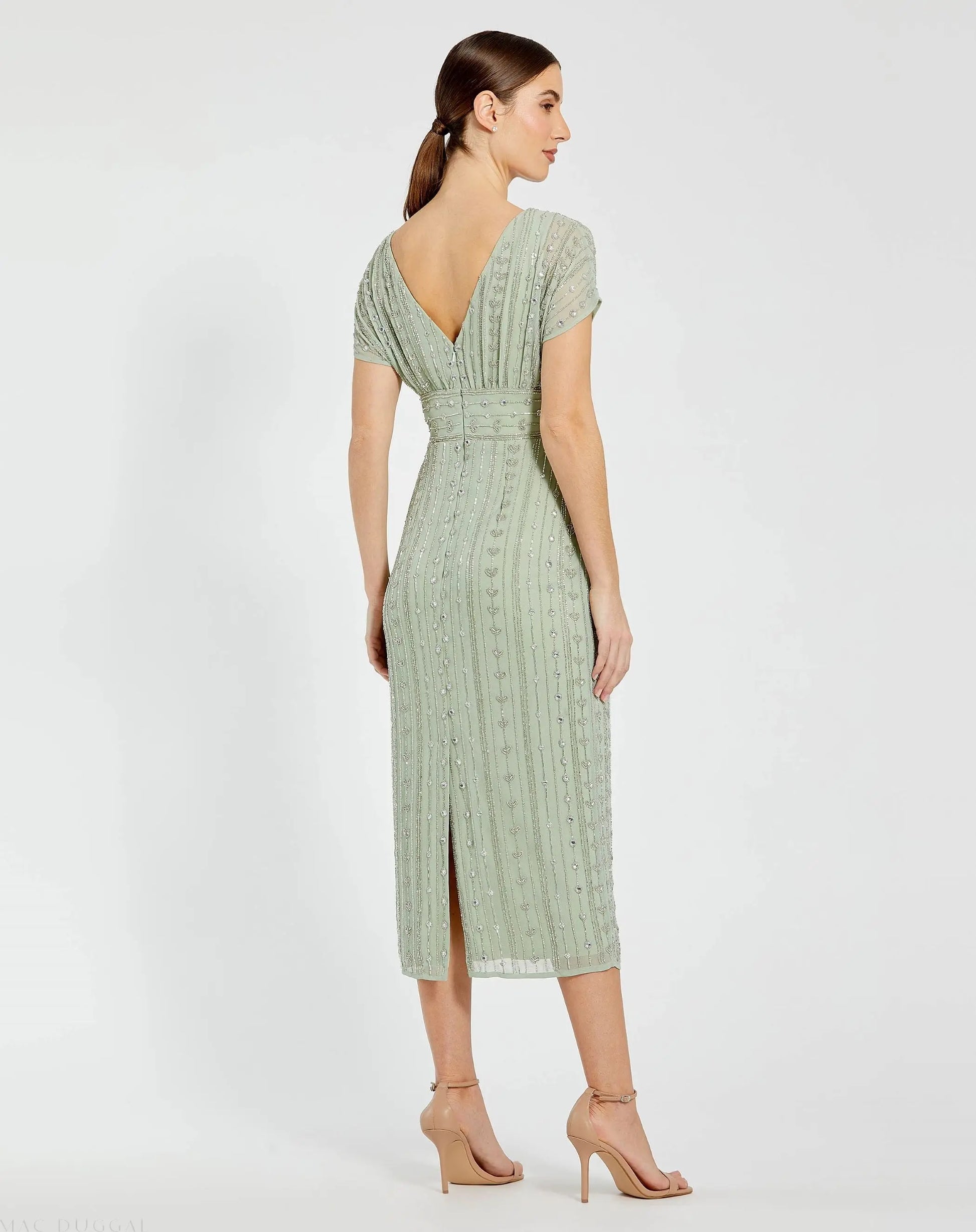 Green Beaded Cap Sleeve Sheath Midi Dress - Mac Duggal Green Beaded Cap Sleeve Sheath Midi Dress - Mac Duggal