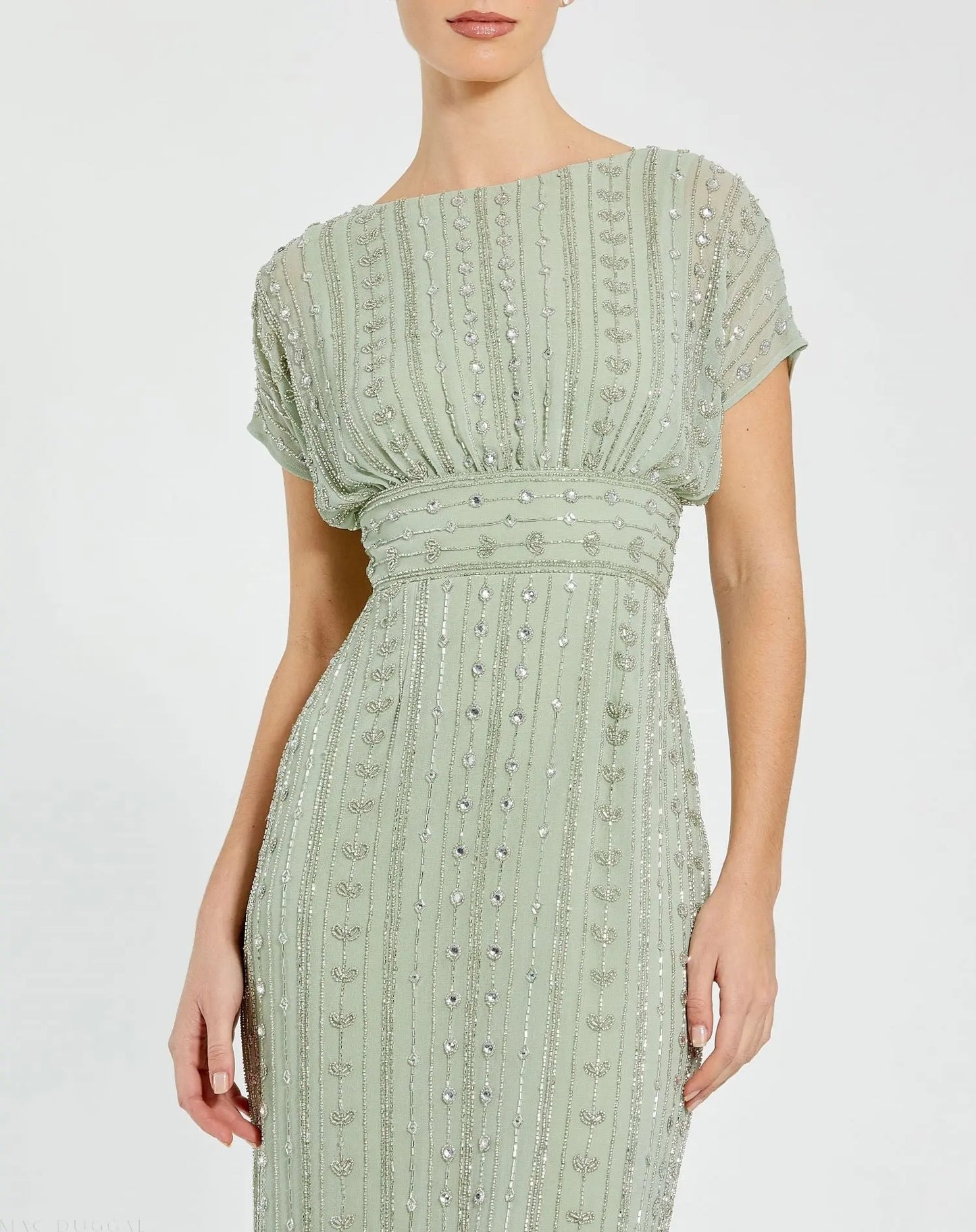 Green Beaded Cap Sleeve Sheath Midi Dress - Mac Duggal Green Beaded Cap Sleeve Sheath Midi Dress - Mac Duggal