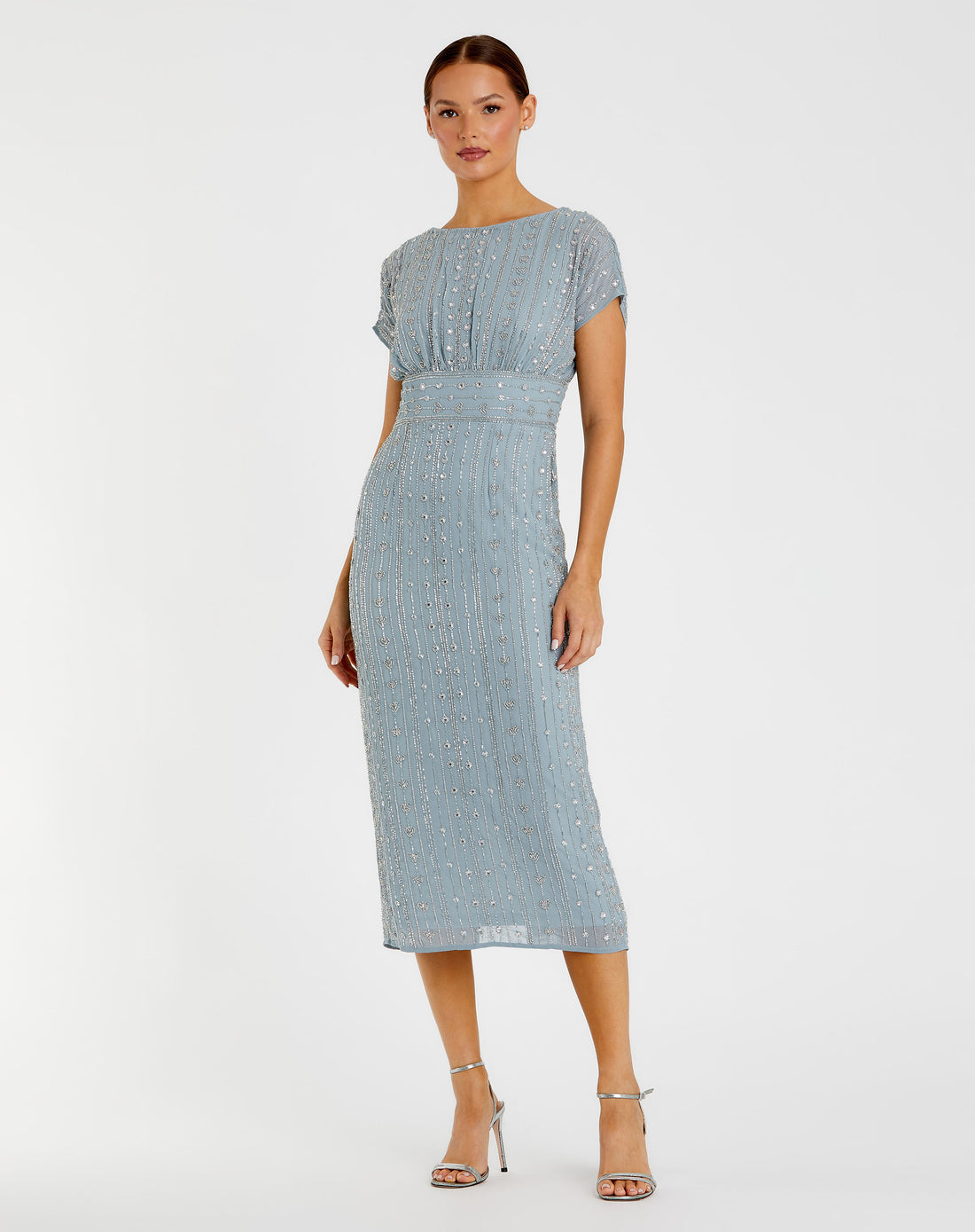 Beaded Cap Sleeve Column Midi Dress