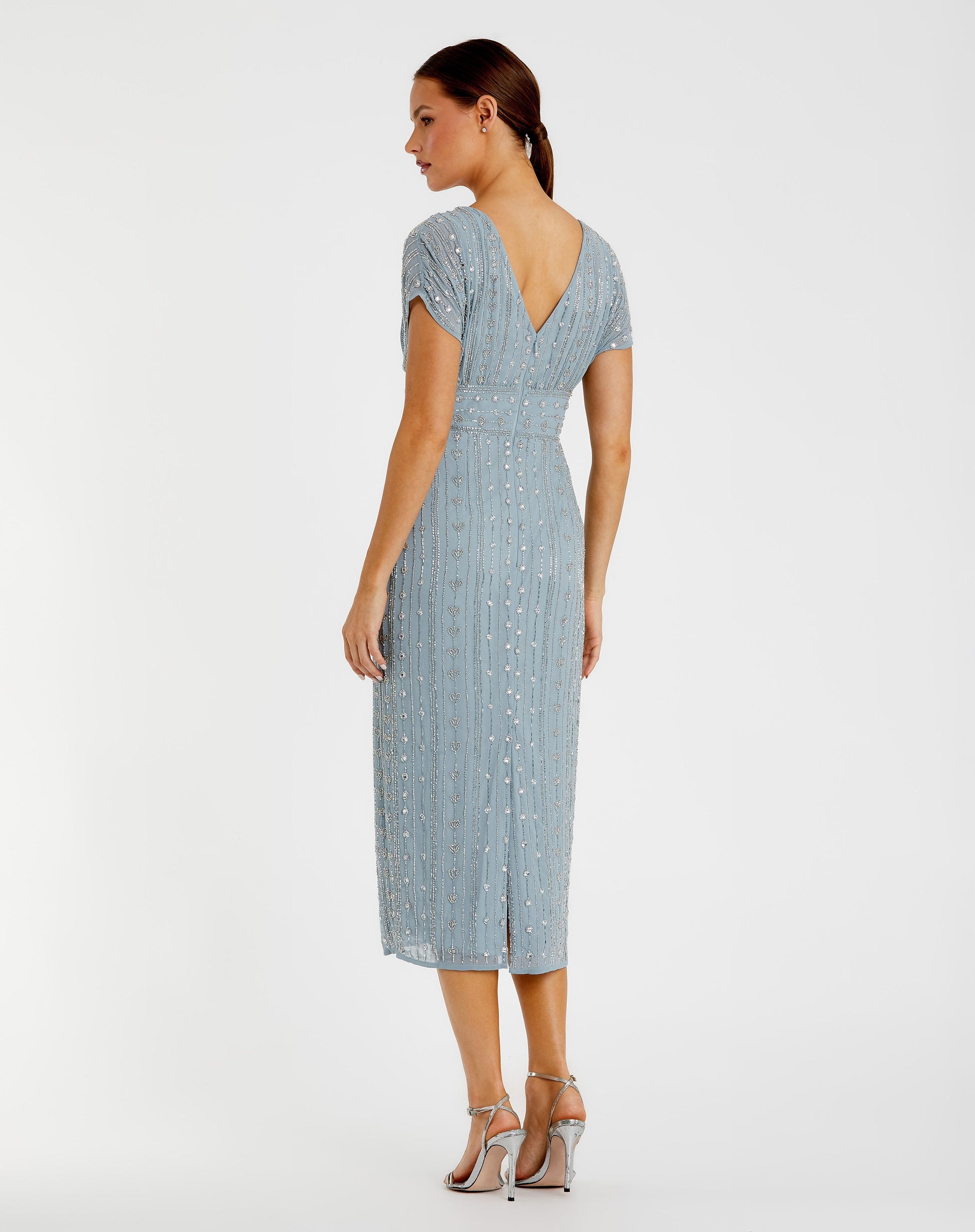 Blue Beaded Cap Sleeve Empire Waist Sheath Midi Dress | Mac Duggal Blue Beaded Cap Sleeve Empire Waist Sheath Midi Dress | Mac Duggal
