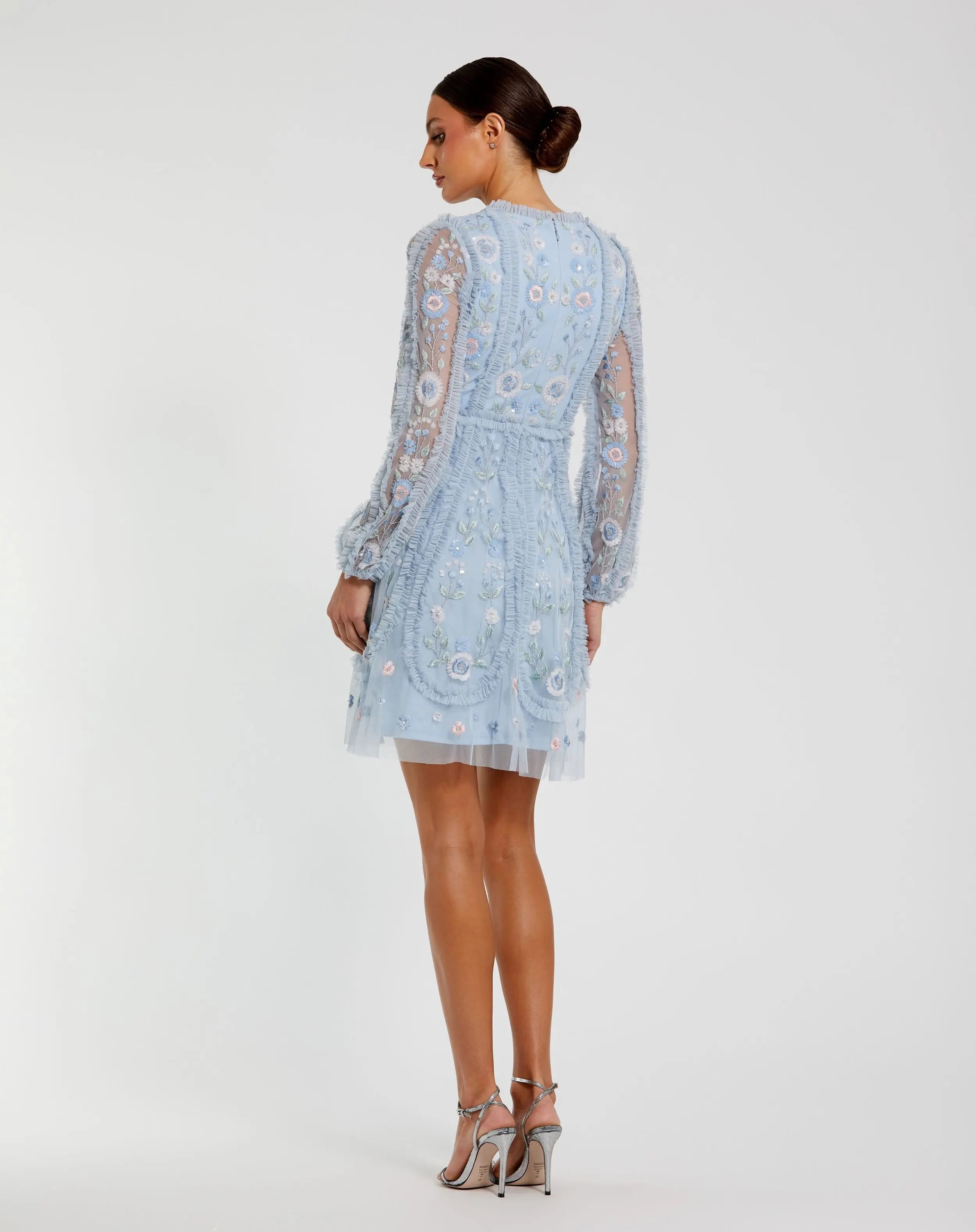 Blue Floral Mesh Long Sleeve Micro Ruffle Mini Dress - Mac Duggal