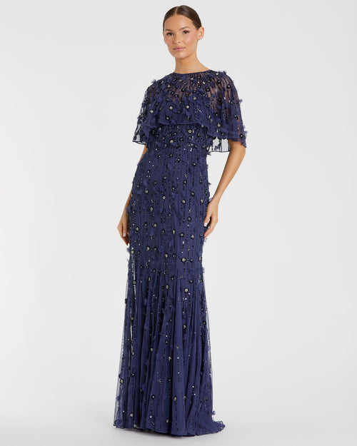 Embellished Illusion Cape Sleeve Trumpet Gown