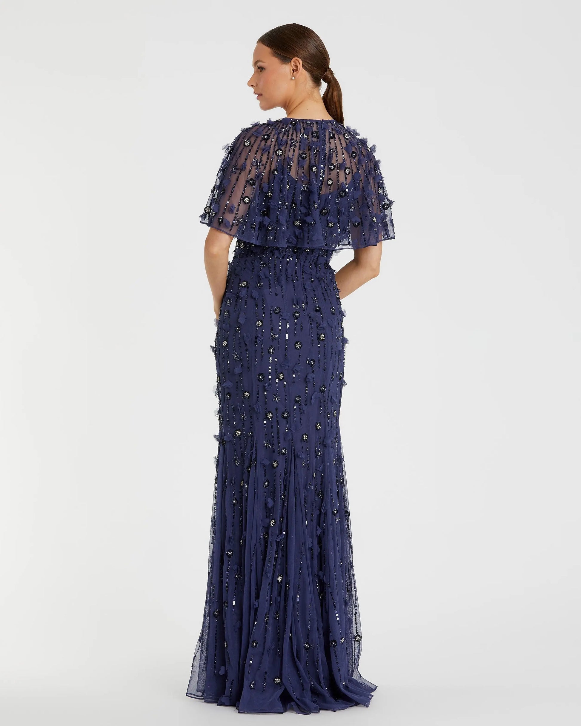 Navy Embellished Illusion Cape Sleeve Trumpet Gown | Mac Duggal Navy Embellished Illusion Cape Sleeve Trumpet Gown | Mac Duggal