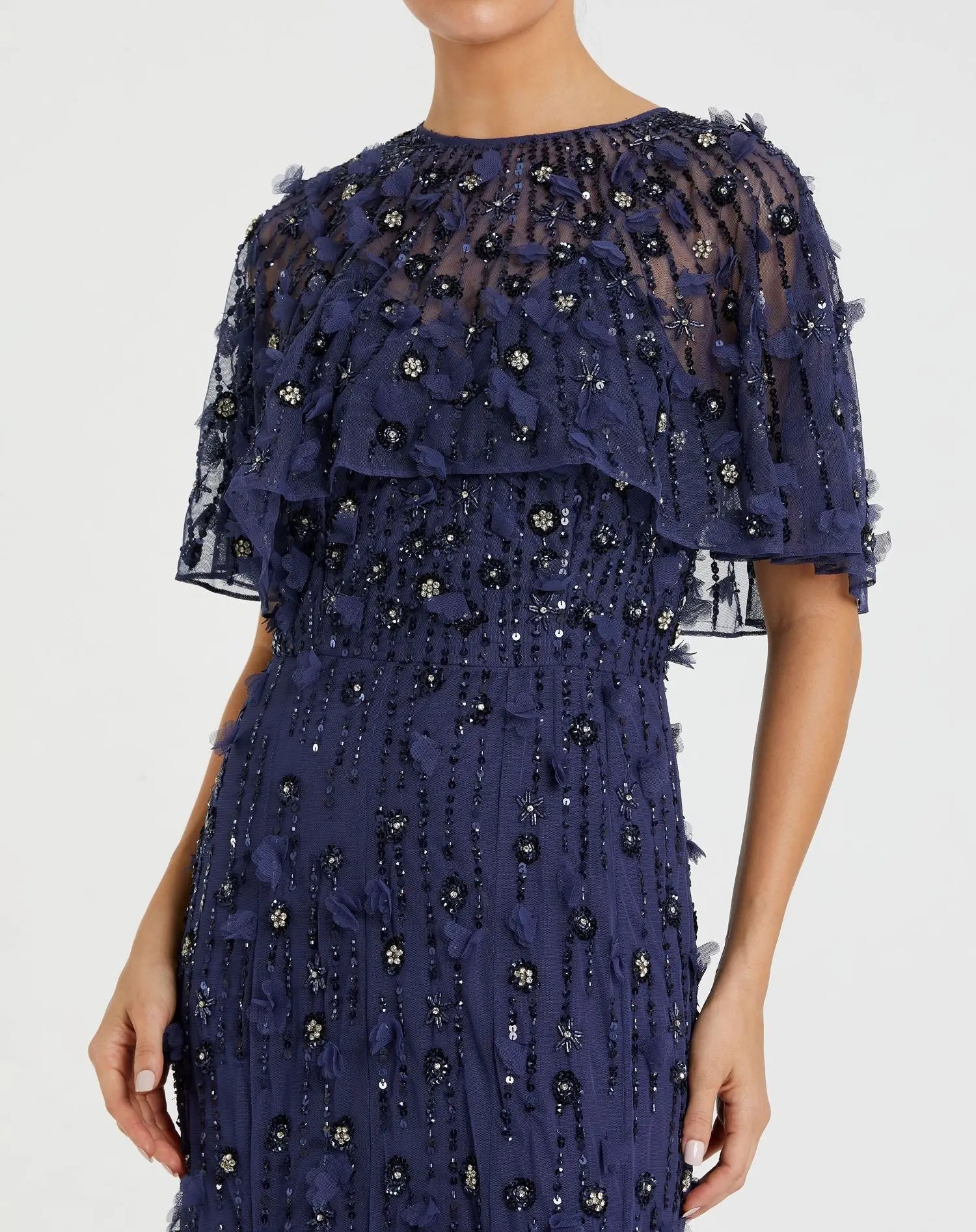 Navy Embellished Illusion Cape Sleeve Trumpet Gown | Mac Duggal Navy Embellished Illusion Cape Sleeve Trumpet Gown | Mac Duggal