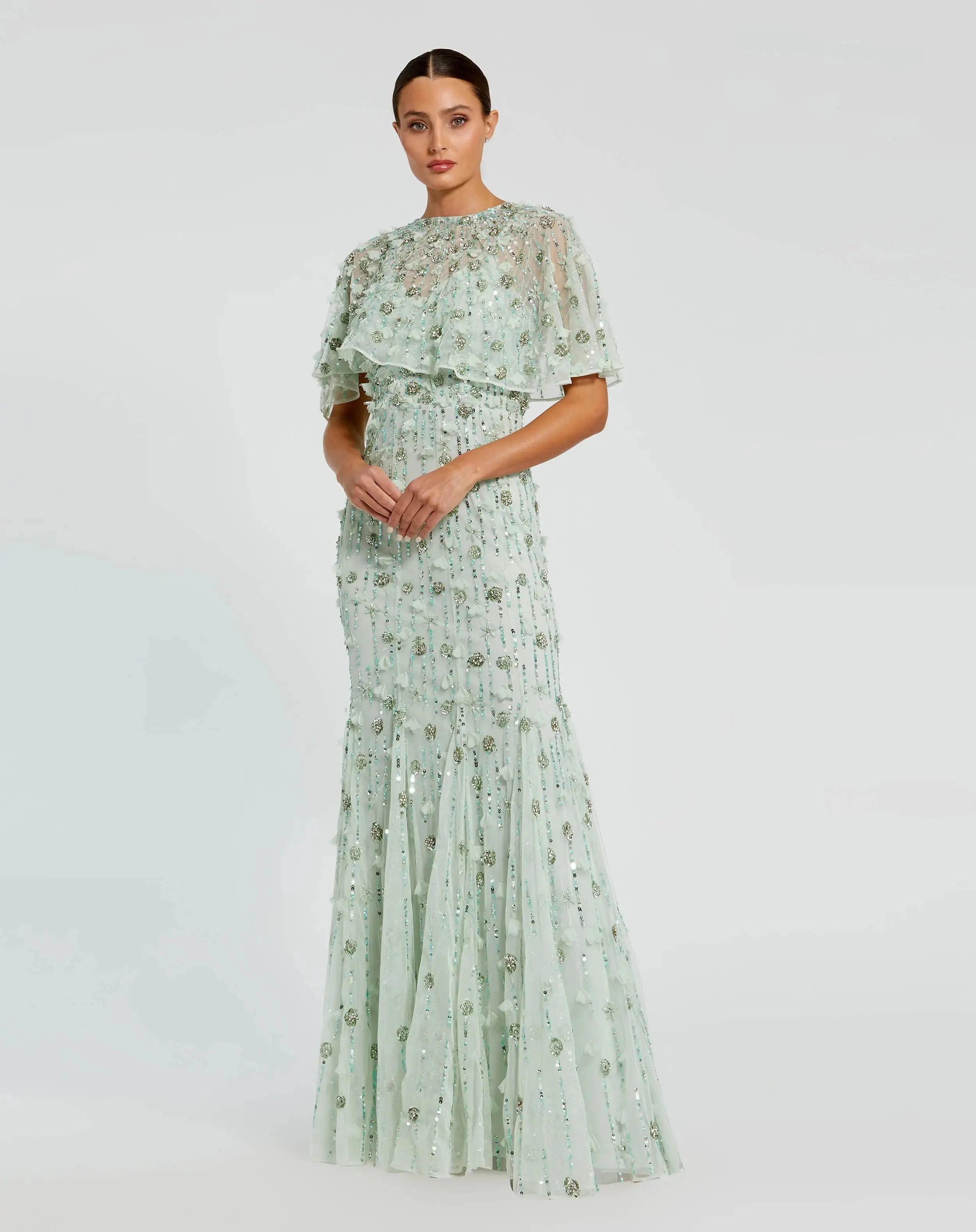 Green Flutter Sleeve Floral Embroidered Net Gown | Mac Duggal Green Flutter Sleeve Floral Embroidered Net Gown | Mac Duggal
