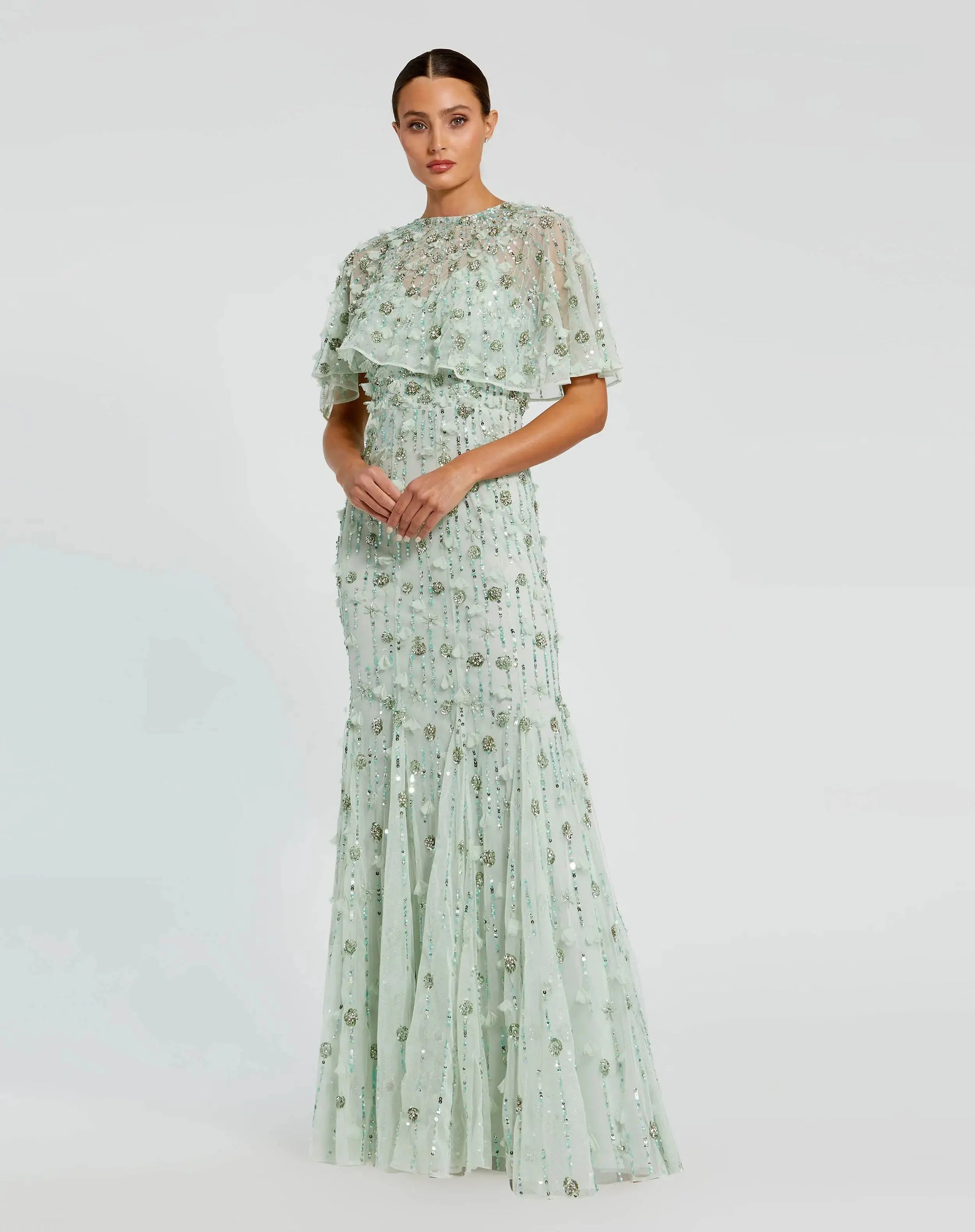 Green Embellished Illusion Cape Sleeve Trumpet Gown - Mac Duggal 