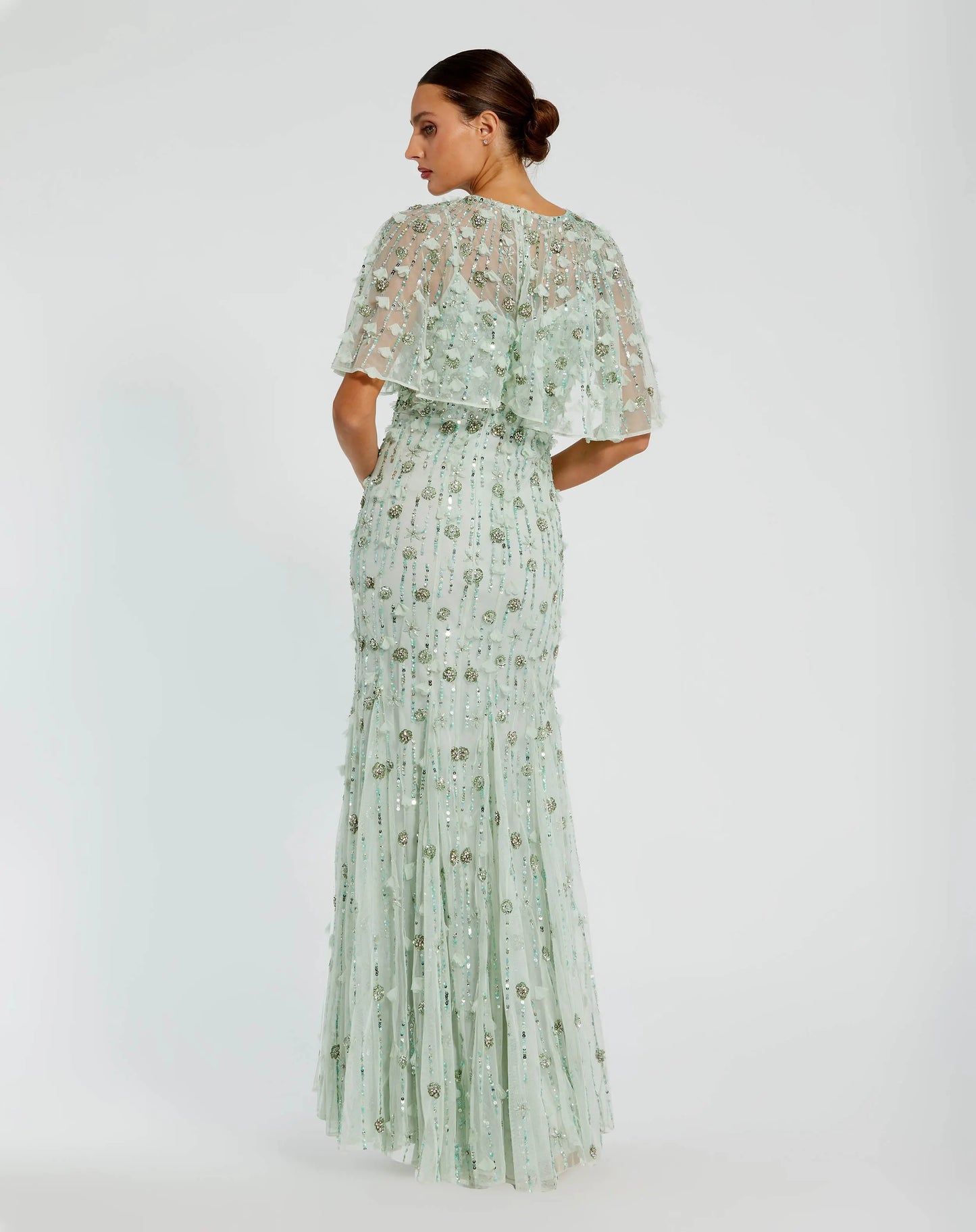 Green Embellished Illusion Cape Sleeve Trumpet Gown - Mac Duggal 