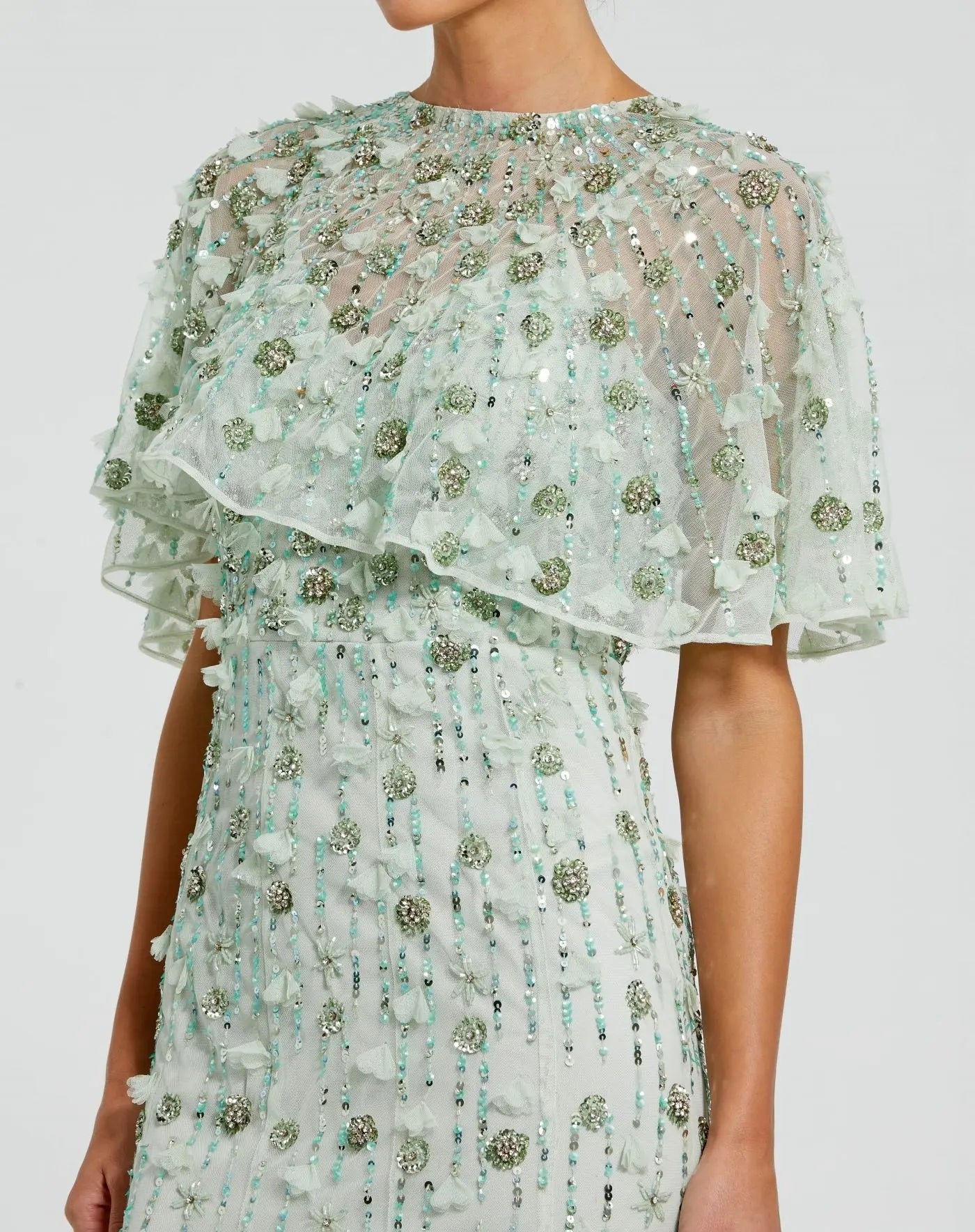 Green Flutter Sleeve Floral Embroidered Net Gown | Mac Duggal Green Flutter Sleeve Floral Embroidered Net Gown | Mac Duggal