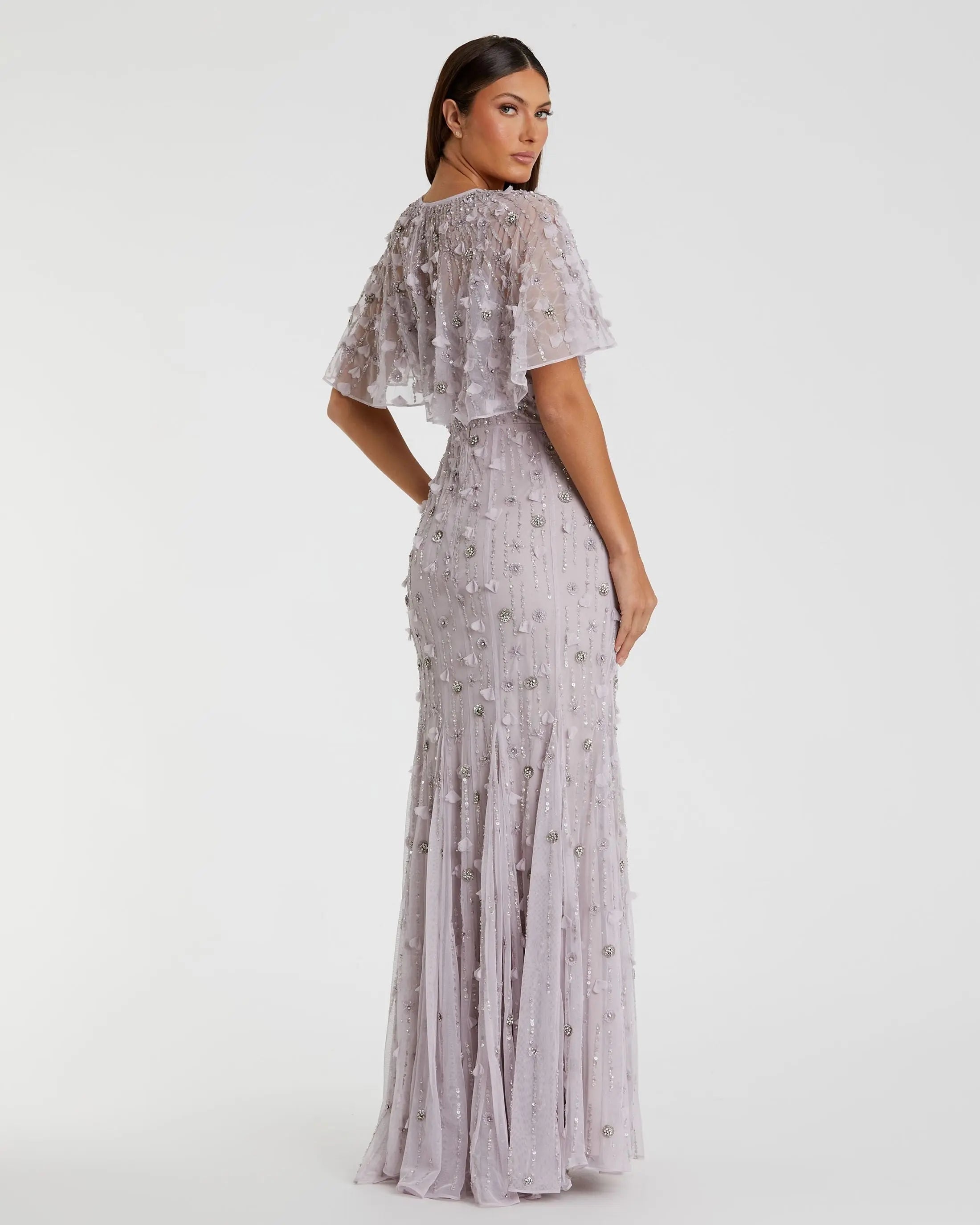 Purple Embellished Illusion Cape Sleeve Trumpet Gown - Mac Duggal