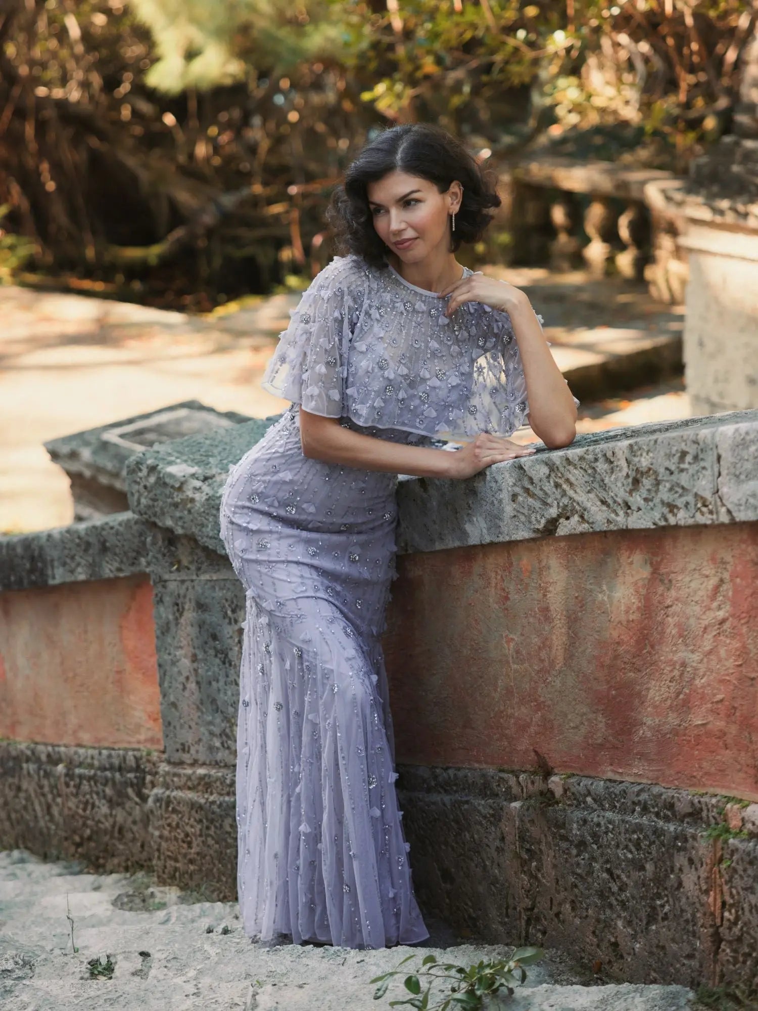 mac duggal purple dress Mac Duggal Women's Embellished Illusion Cape-Sleeve Trumpet Gown - Vintage Lilac