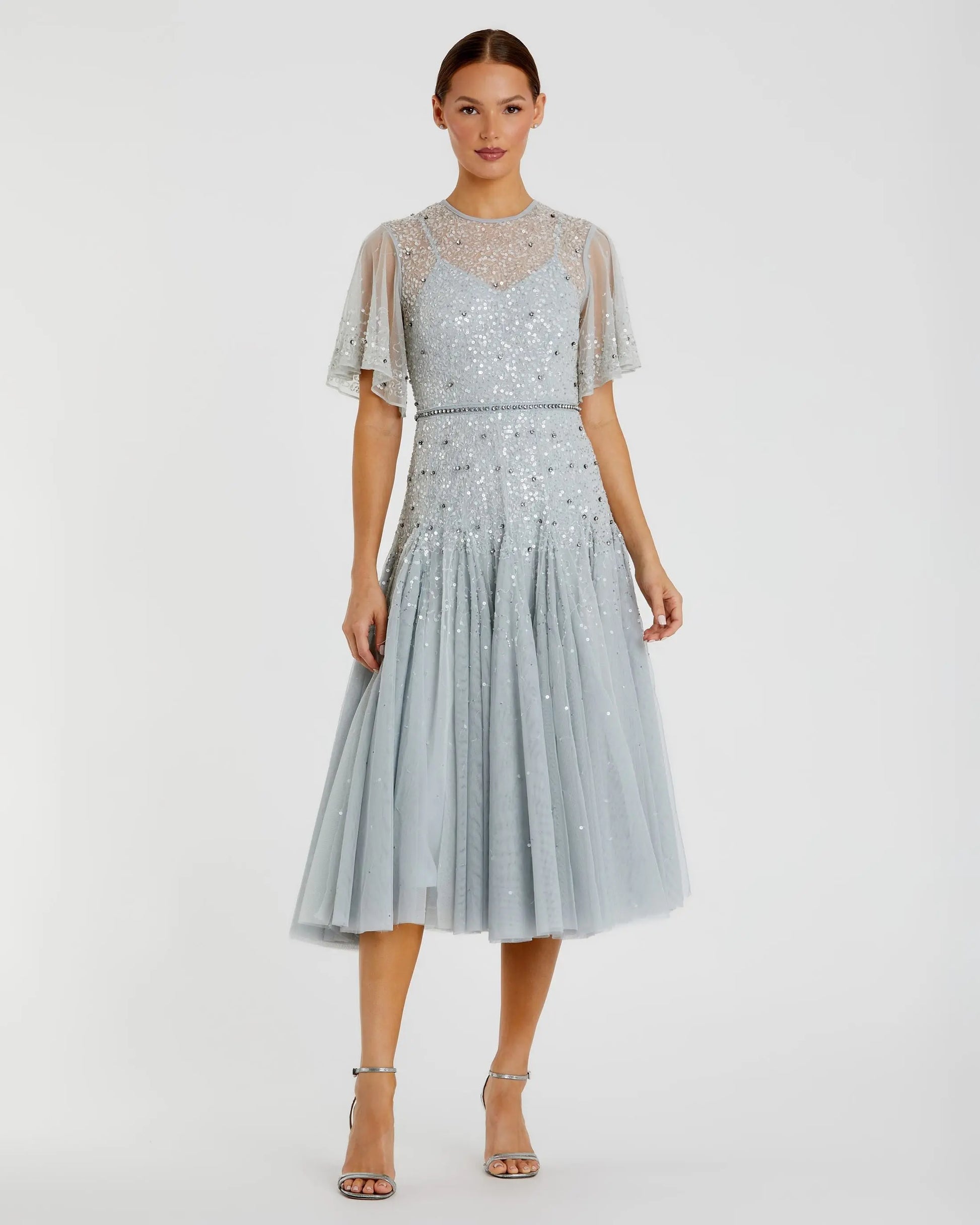 Blue Flutter Sleeve Beaded Tea Length Drop Waist Dress | Mac Duggal Blue Flutter Sleeve Beaded Tea Length Drop Waist Dress | Mac Duggal