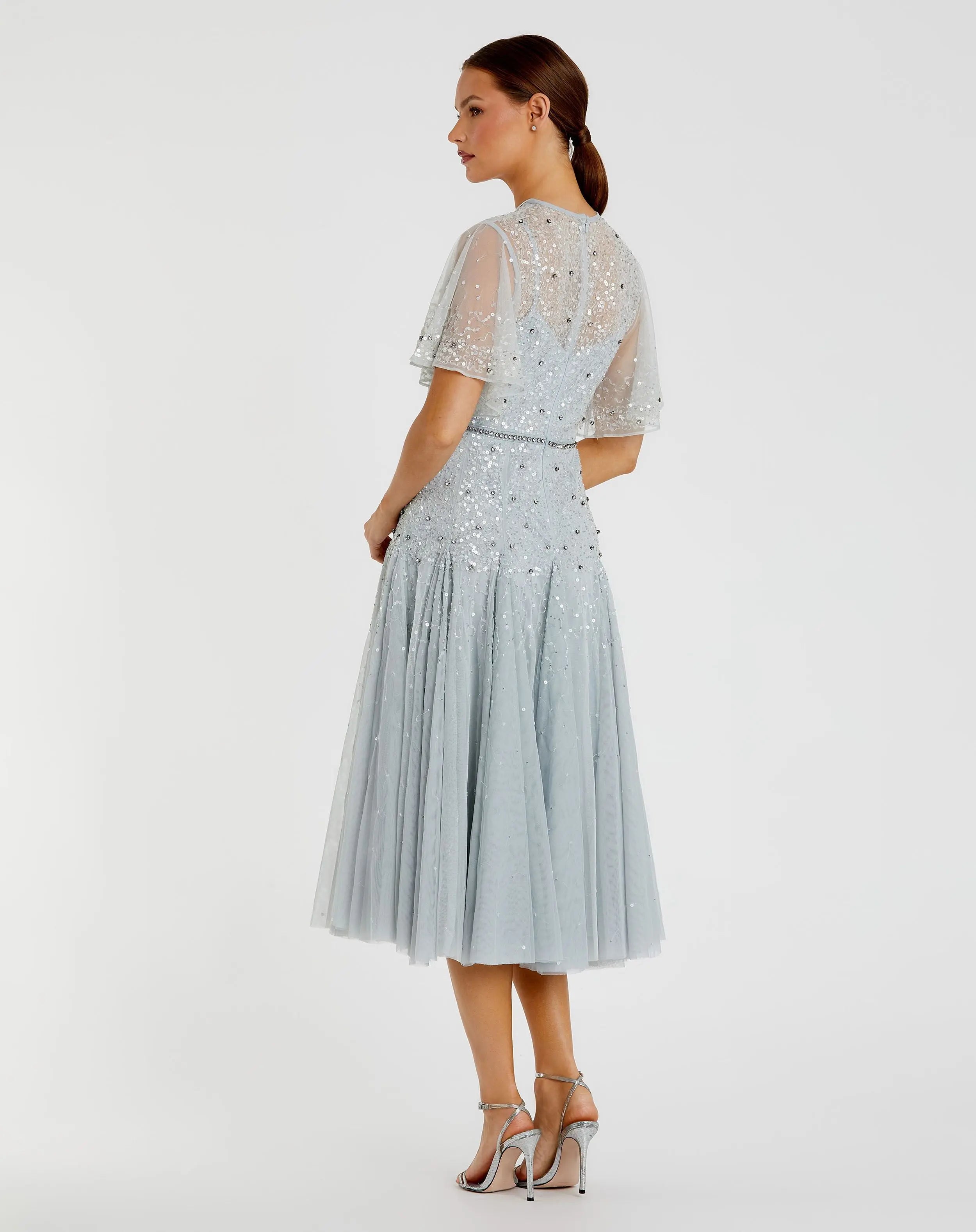 Blue Cape Sleeve Beaded Tea Length A-line Dress - Mac Duggal