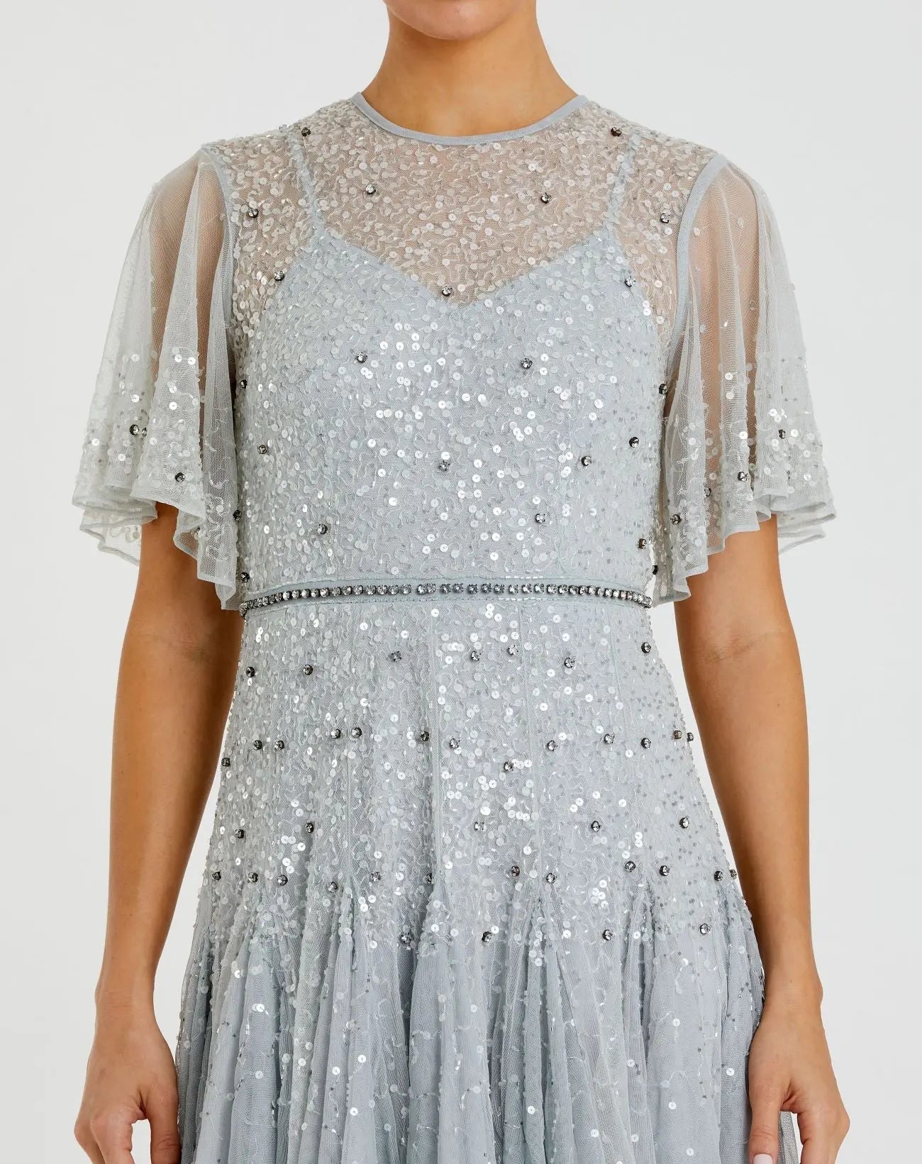 Blue Cape Sleeve Beaded Tea Length A-line Dress - Mac Duggal