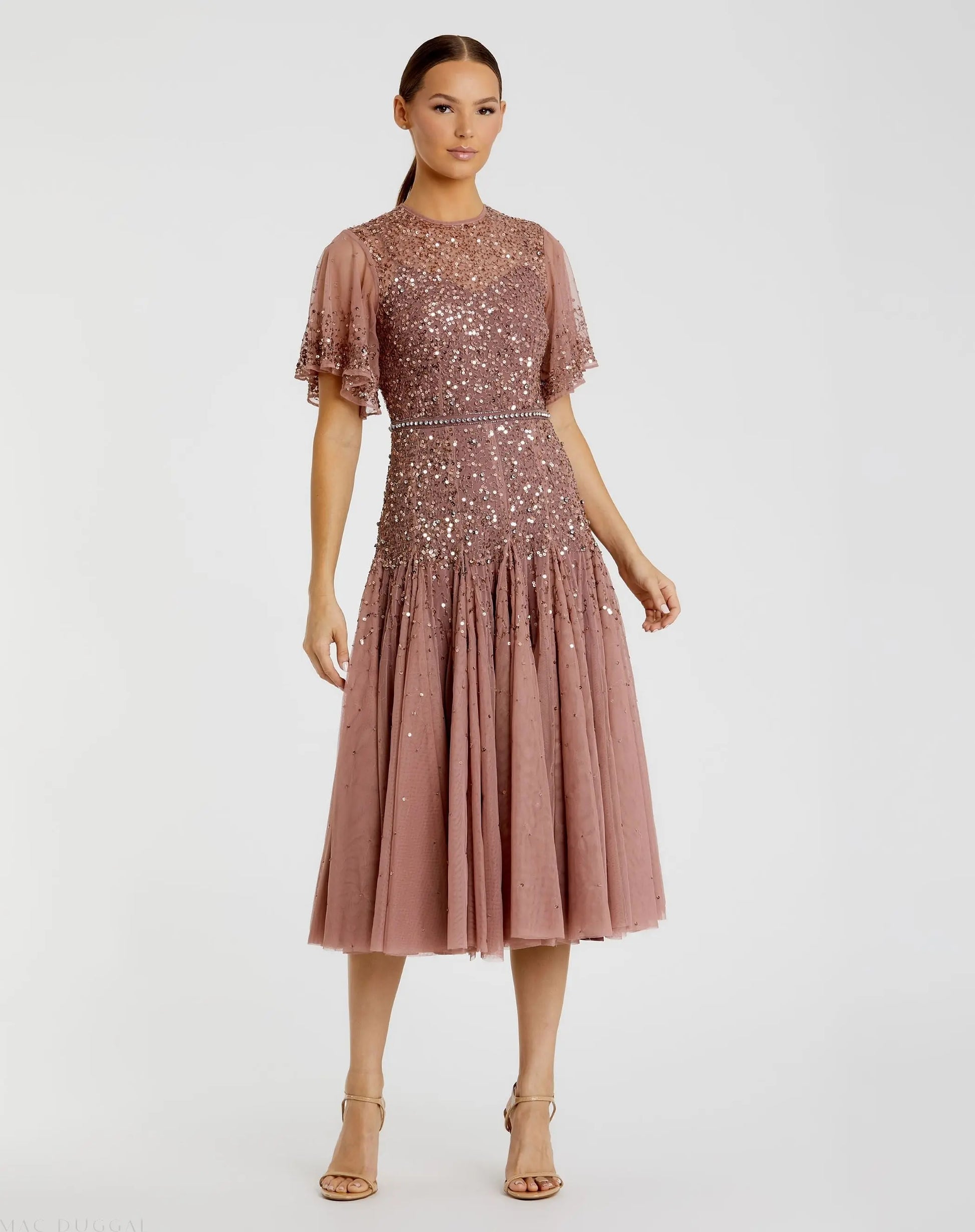 Mac Duggal - Cape Sleeve Beaded Tea Length A-line Dress - Rosewood Mac Duggal - Cape Sleeve Beaded Tea Length A-line Dress - Rosewood