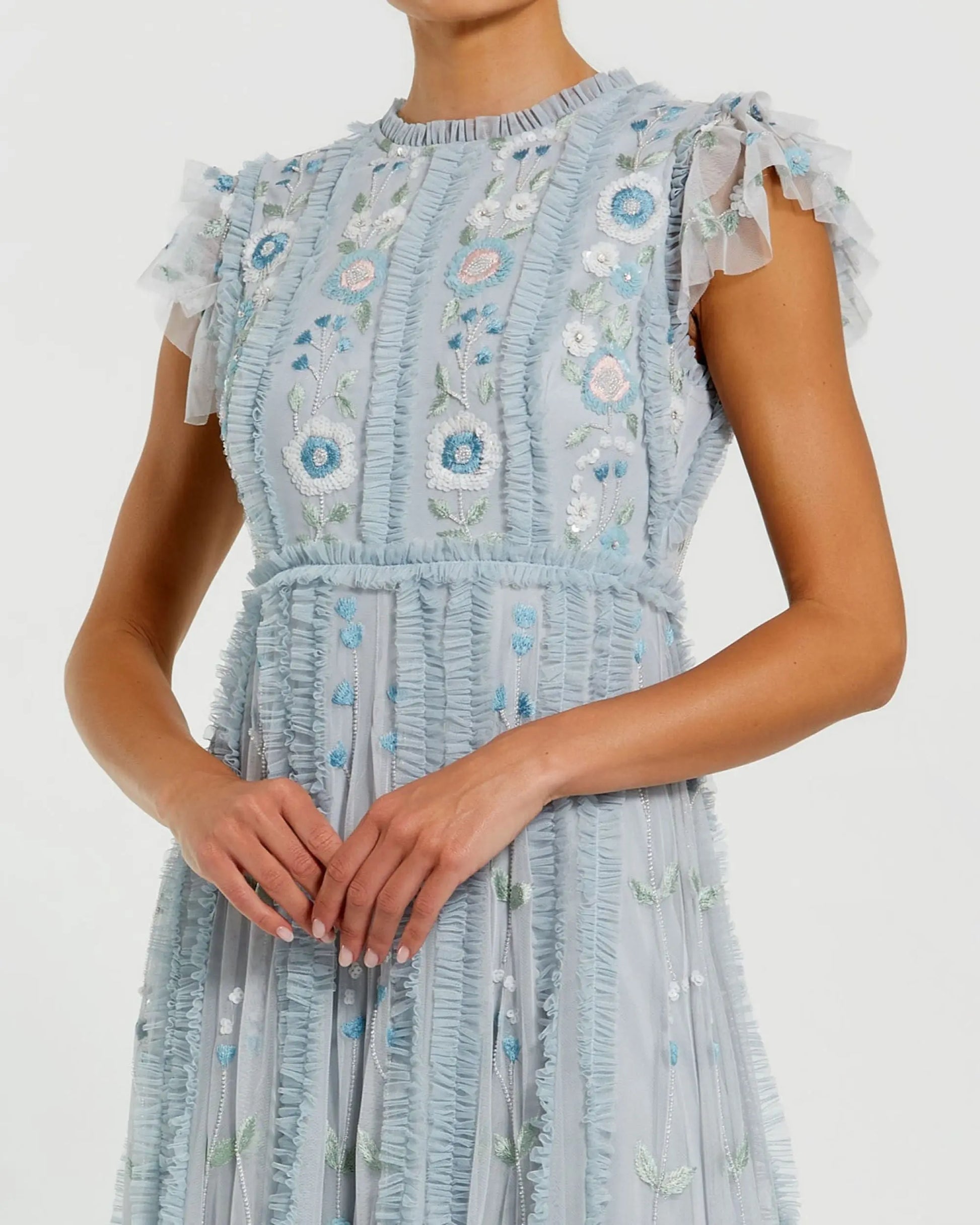 Mac Duggal - Blue Floral Embroidered Ruffle A Line Gown - Powder Blue / US 6 Mac Duggal - Blue Floral Embroidered Ruffle A Line Gown - Powder Blue / US 6