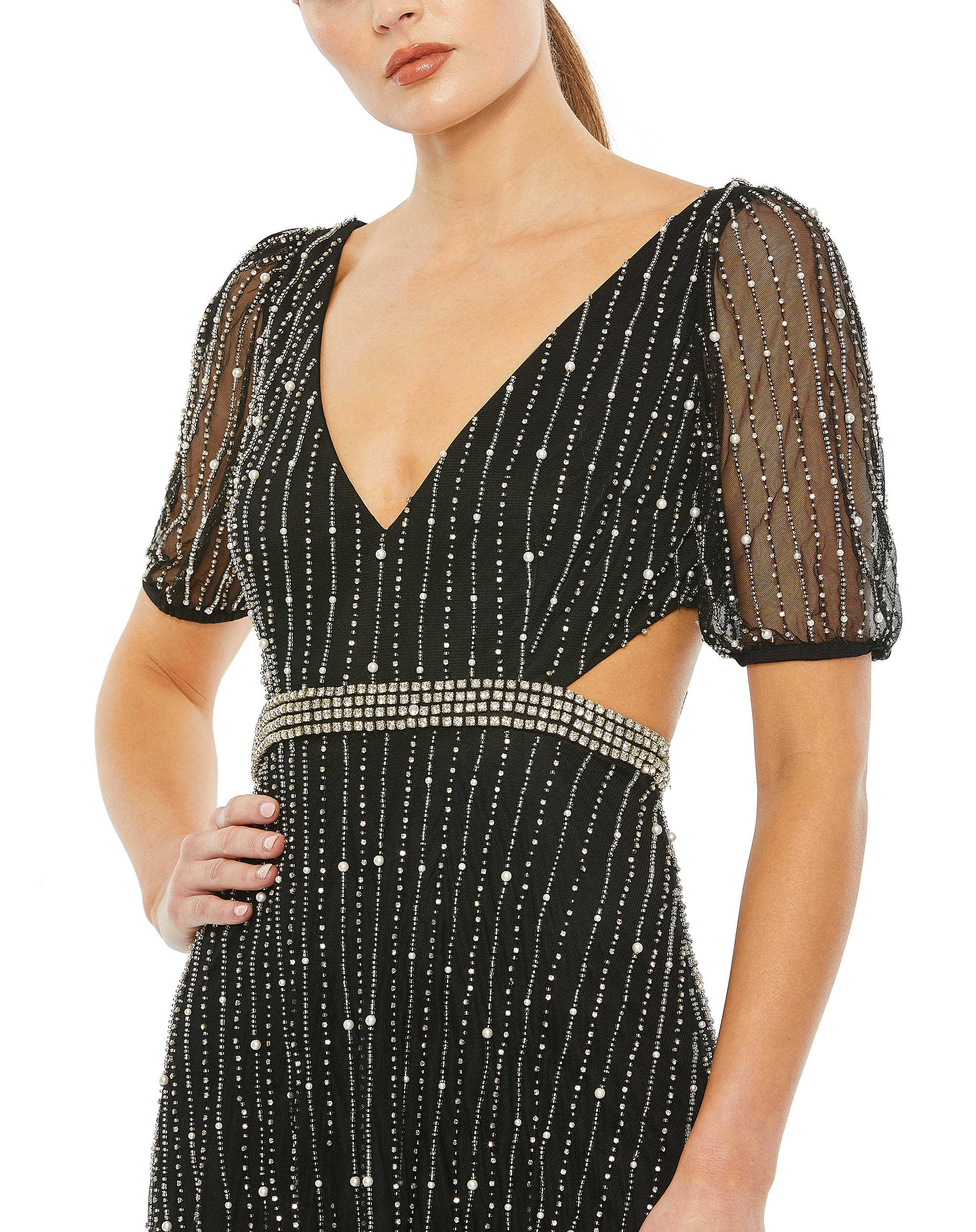 Deep V Neck Open Back Hand Beaded A Line Gown | Sample | Sz. 4