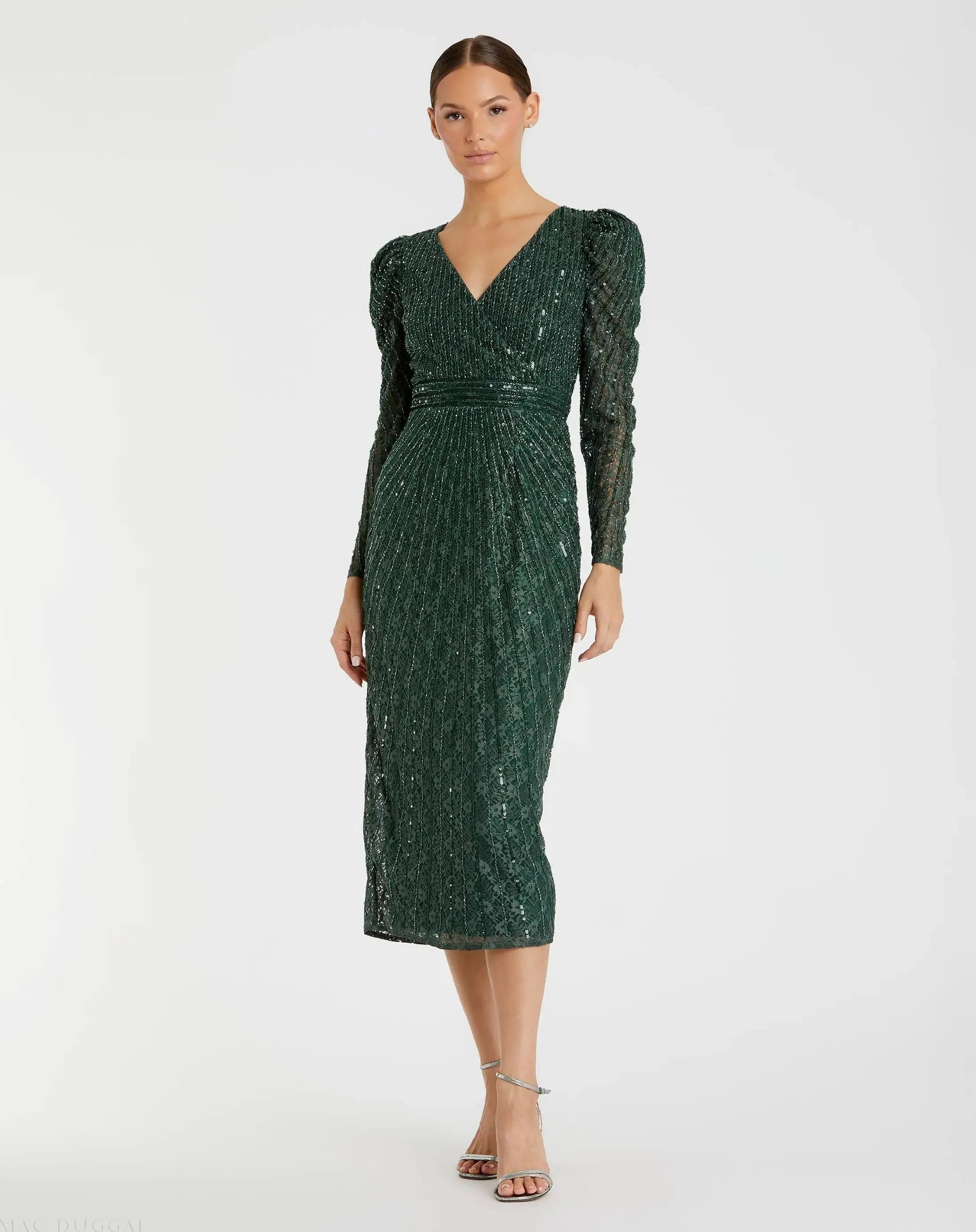 Green Beaded Lace Long Sleeve Midi Dress - Mac Duggal