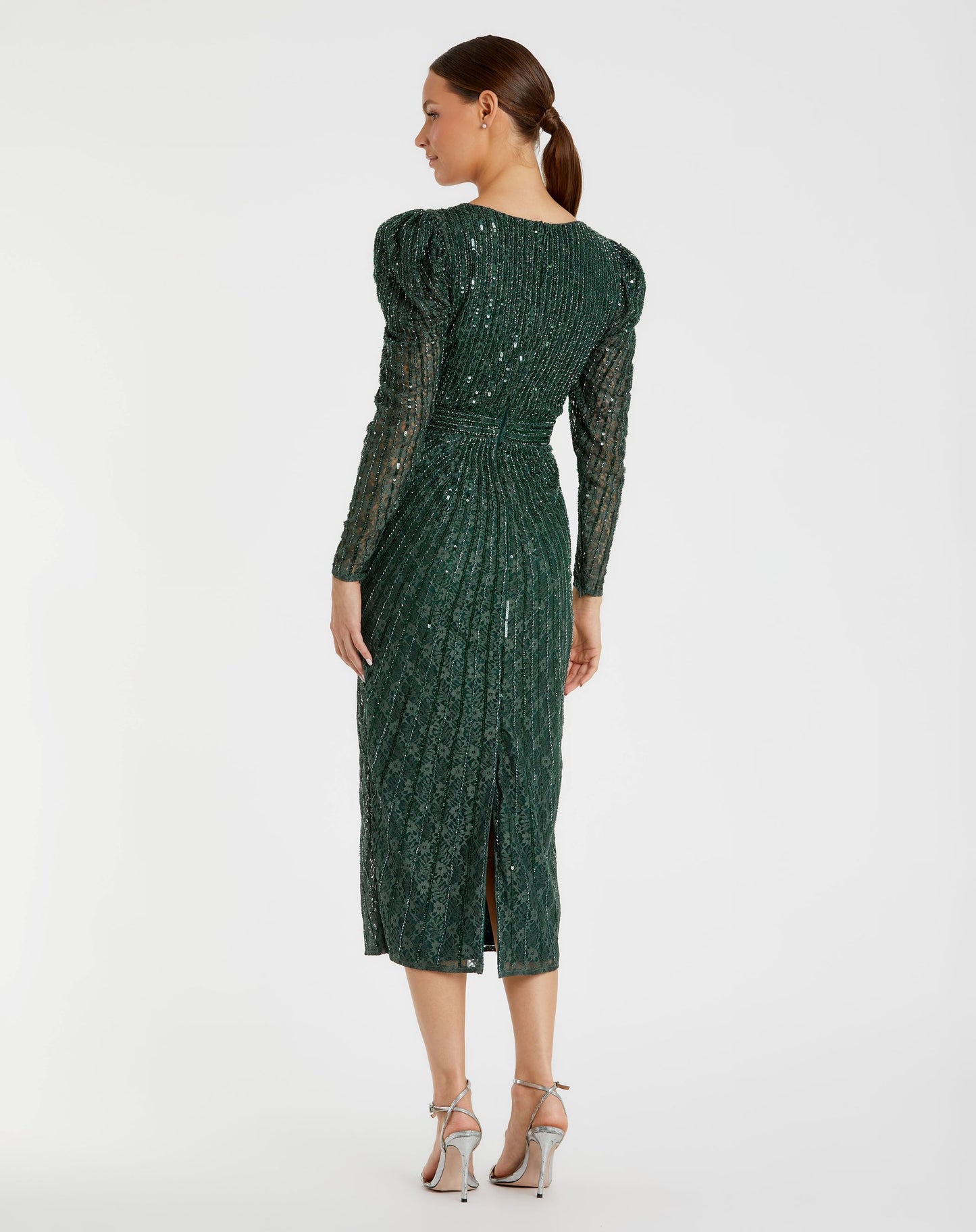 Beaded Lace Long Sleeve Midi  Dress