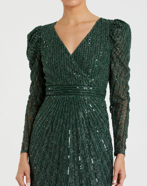 Green Beaded Lace Long Sleeve Midi Dress