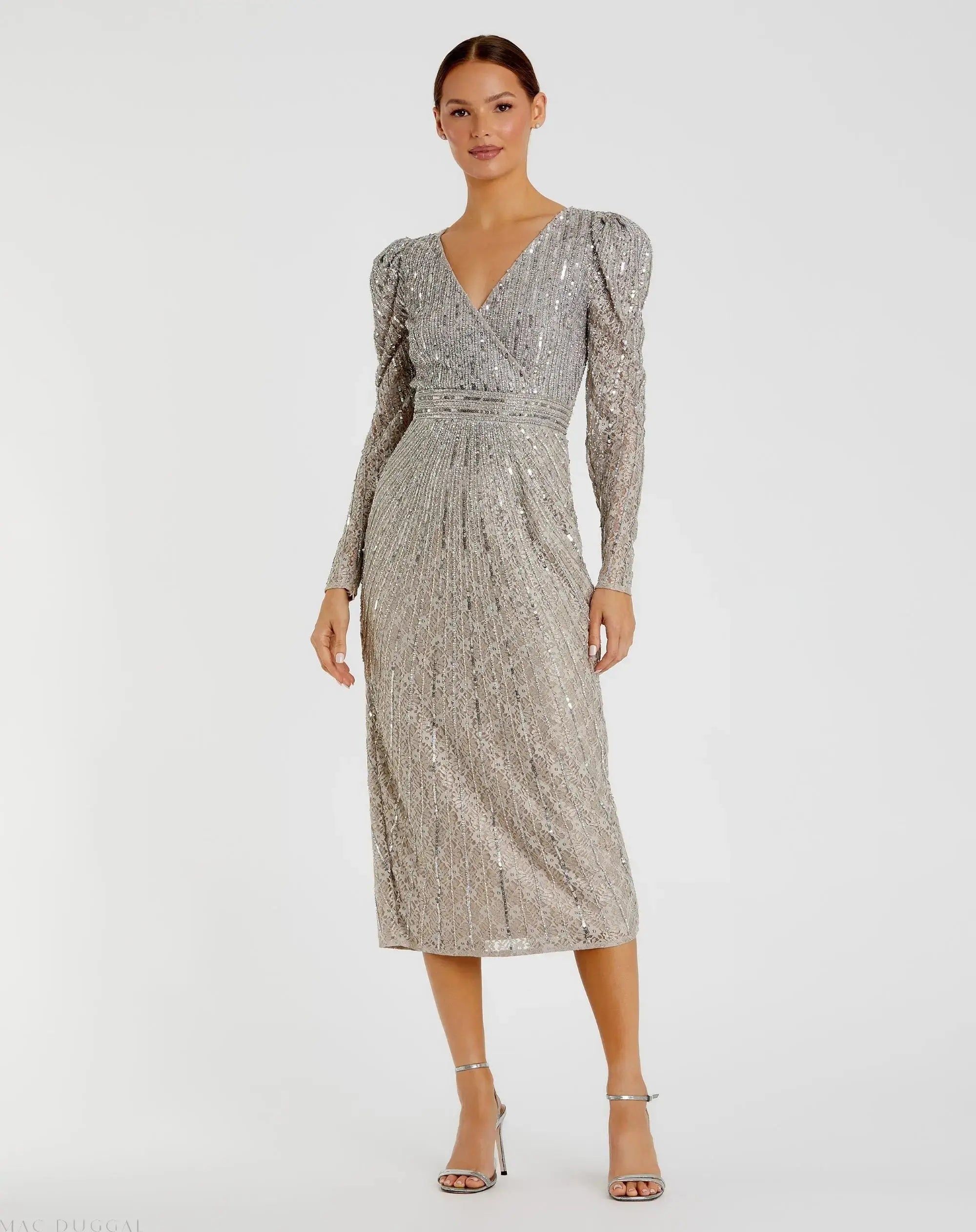 Gray Beaded Lace Long Sleeve Midi Dress - Mac Duggal