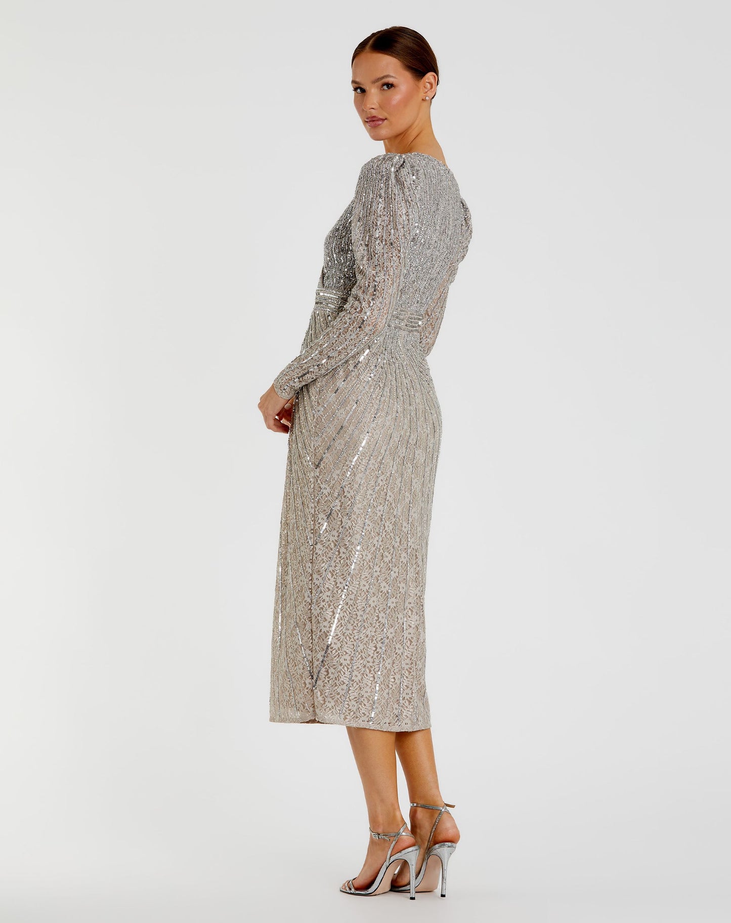 Beaded Lace Long Sleeve Midi  Dress