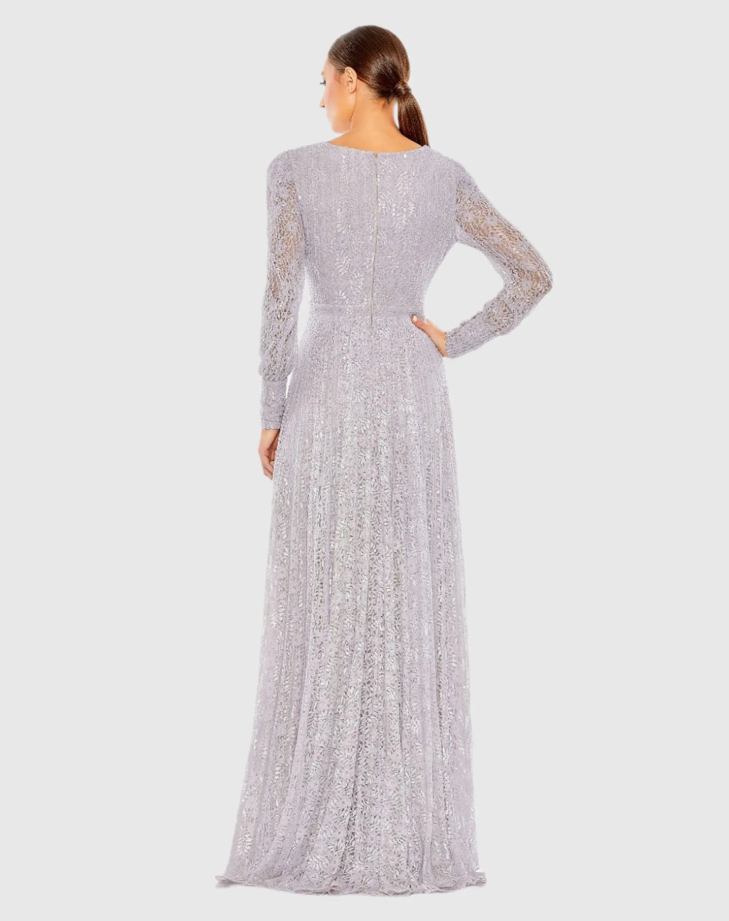 Purple Beaded Lace Long Sleeve Wrap Over Gown - FINAL SALE - Mac Duggal