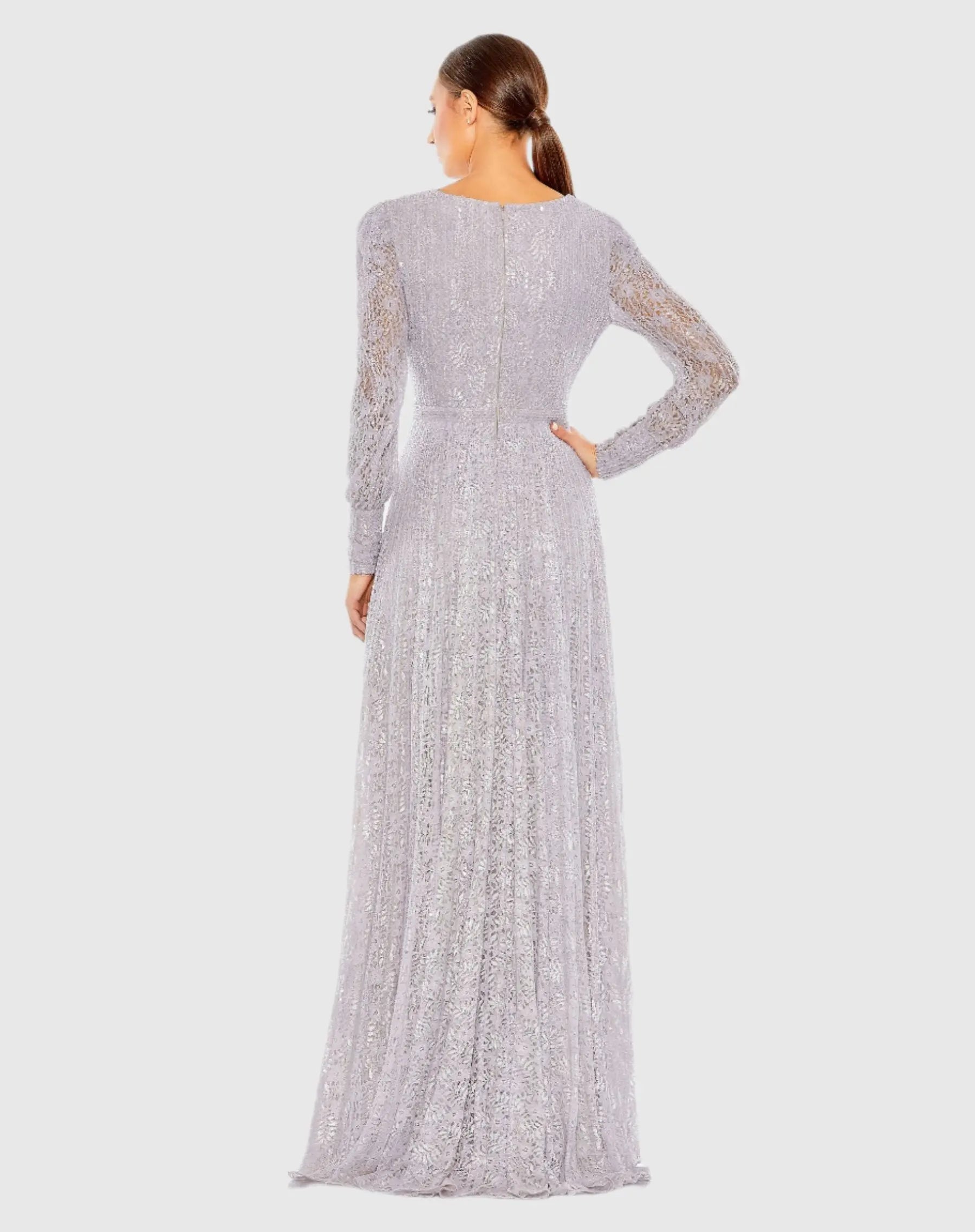 Purple Beaded Lace Long Sleeve Wrap Over Gown - FINAL SALE - Mac Duggal