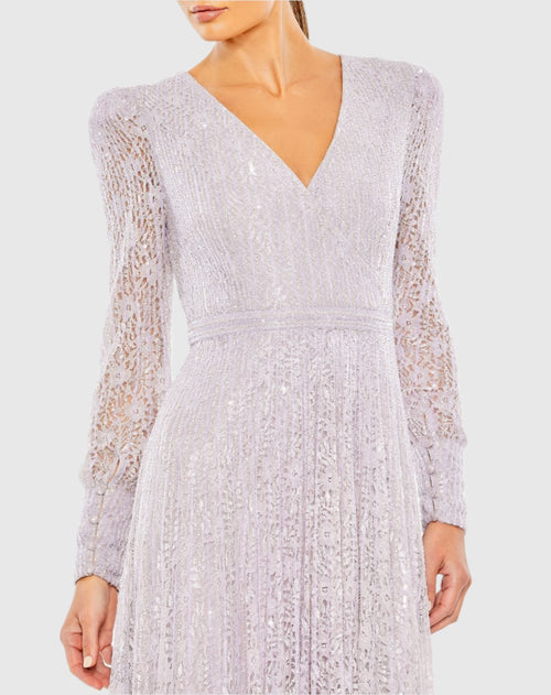 Beaded Lace Long Sleeve Wrap Over Gown