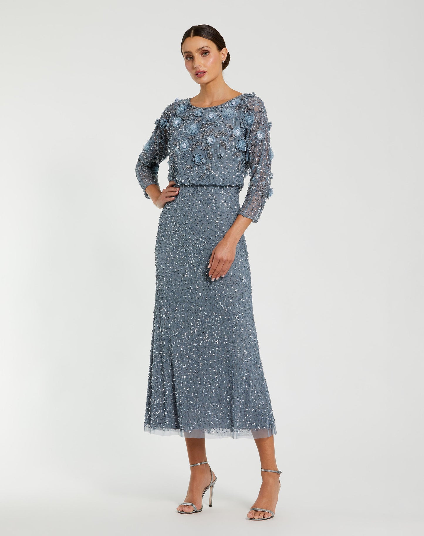 Blue Floral Embellished Midi Dress With 3/4 Sleeves  - Mac Duggal