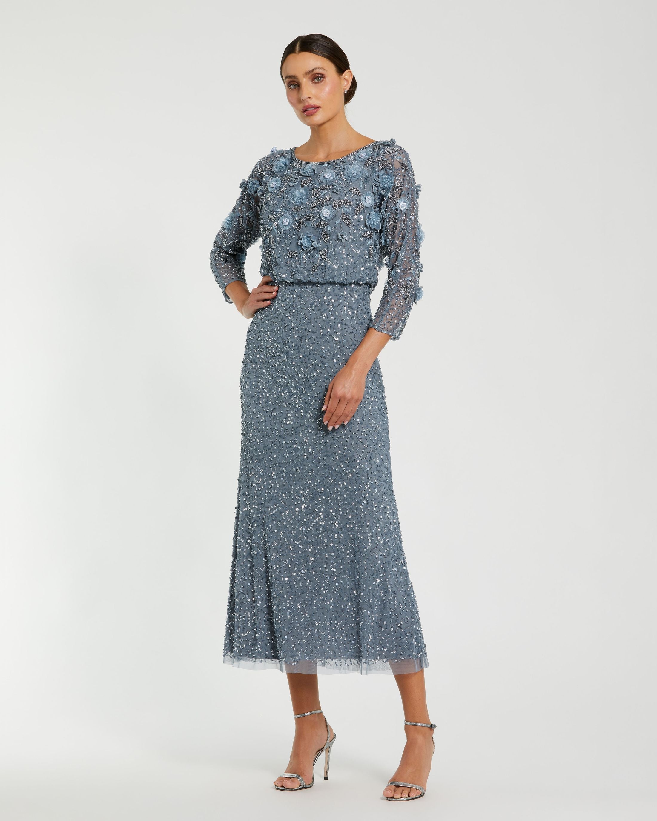 Blue Floral Embellished Midi Dress With 3/4 Sleeves  - Mac Duggal