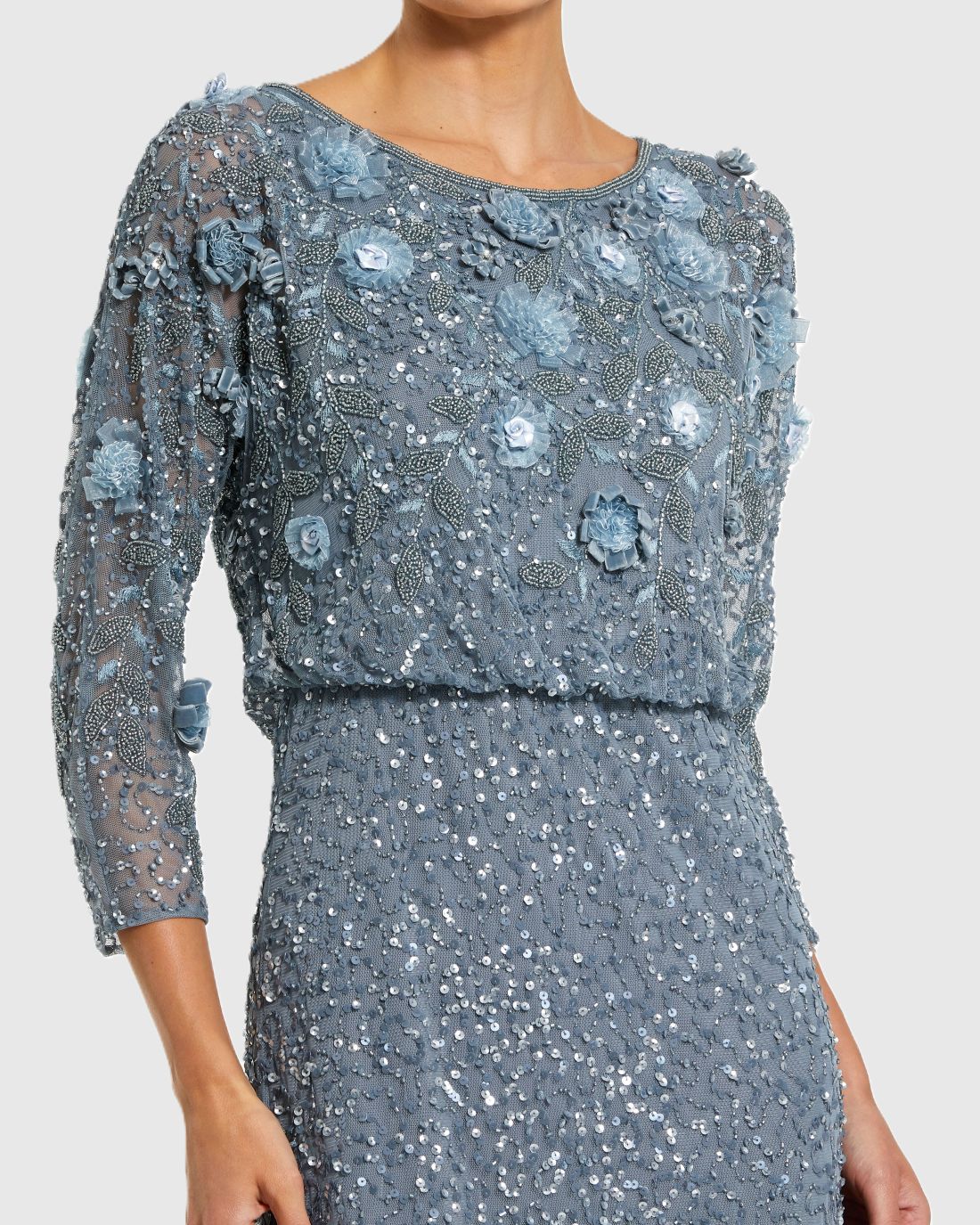 Blue Floral Embellished Midi Dress With 3/4 Sleeves  - Mac Duggal