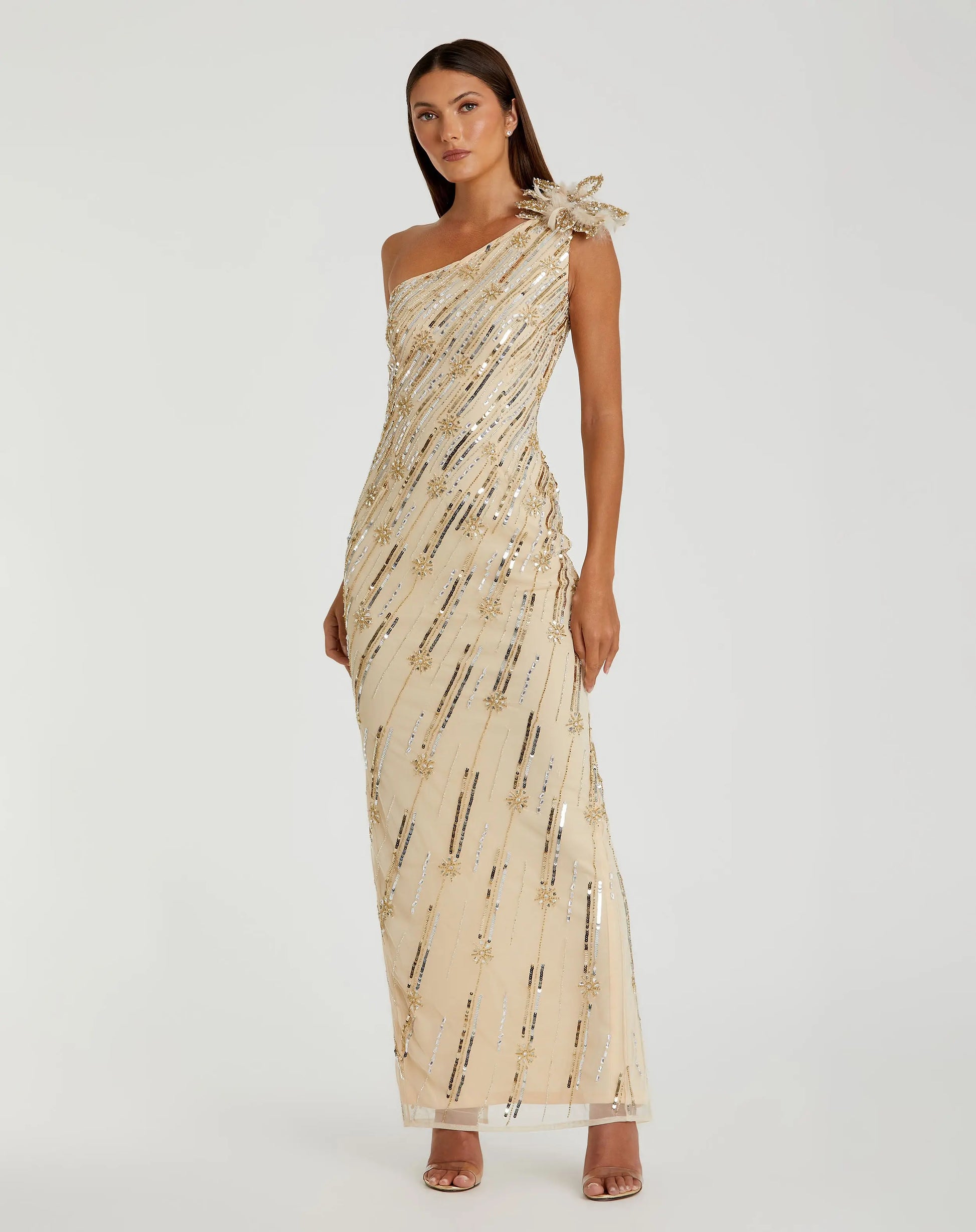 Mac Duggal - Gold Embellished Floral Detail One Shoulder Gown - Nude Gold / US 12 Mac Duggal - Gold Embellished Floral Detail One Shoulder Gown - Nude Gold / US 12