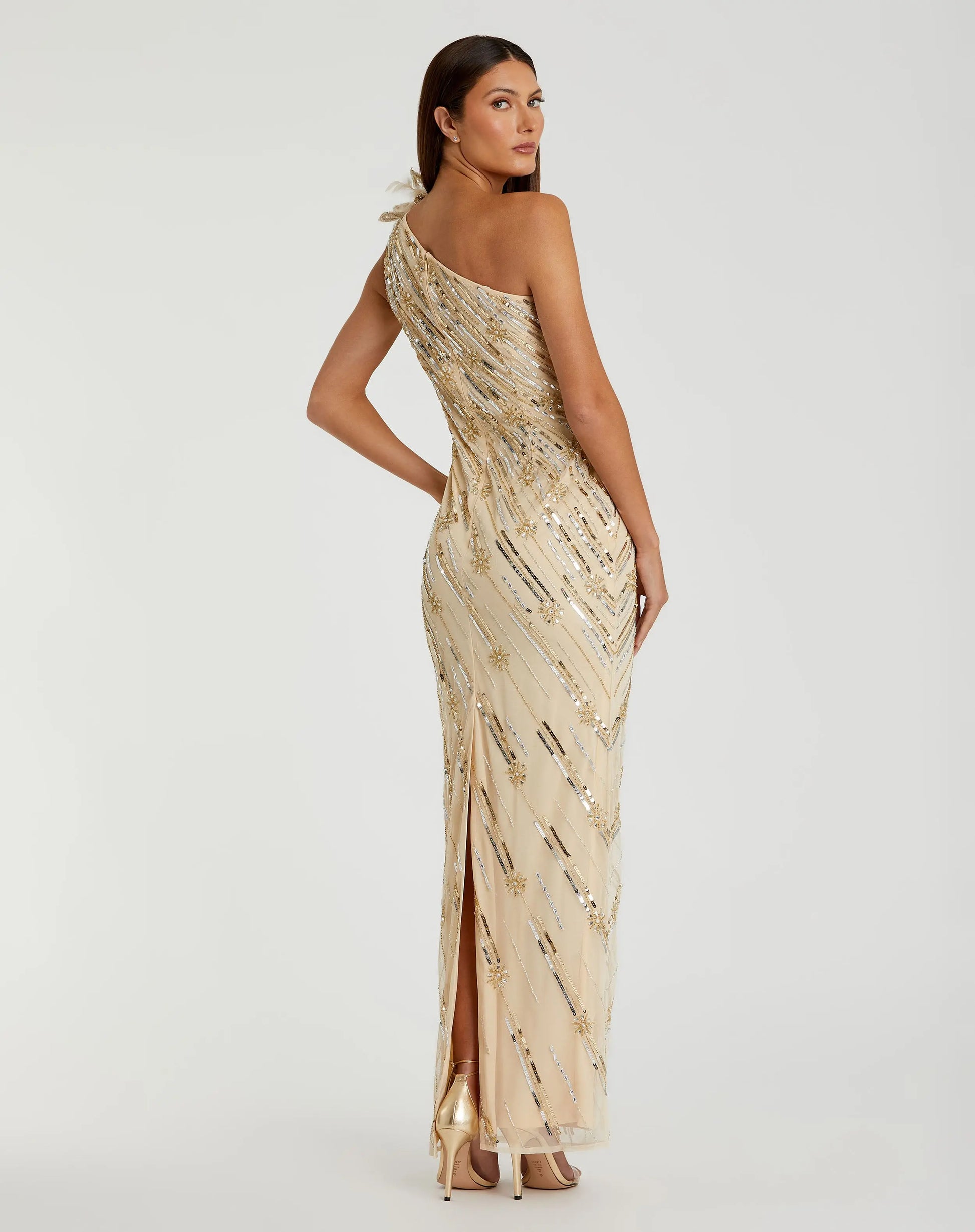 Mac Duggal - Gold Embellished Floral Detail One Shoulder Gown - Nude Gold / US 12 Mac Duggal - Gold Embellished Floral Detail One Shoulder Gown - Nude Gold / US 12