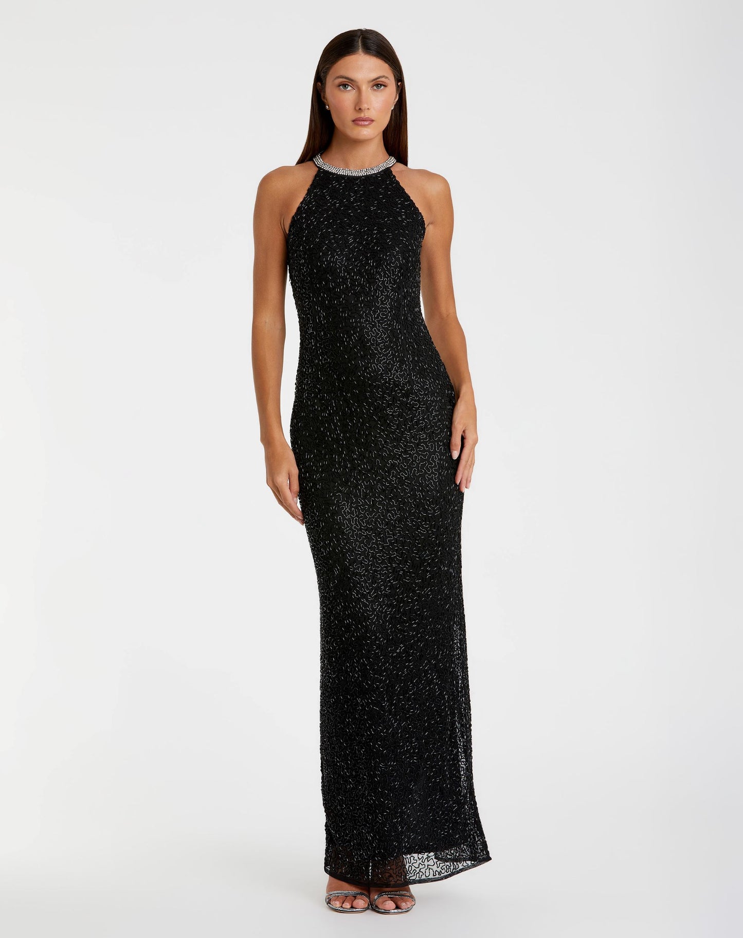 Beaded Sleeveless High Neck Column Gown