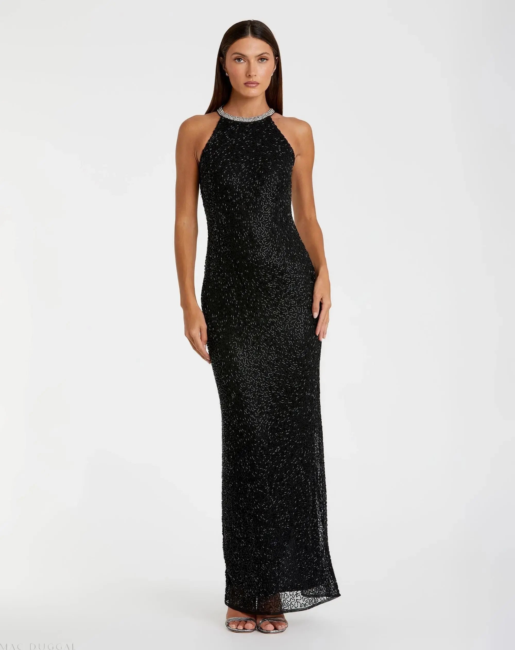 Black Beaded Sleeveless High Neck Column Gown - Mac Duggal