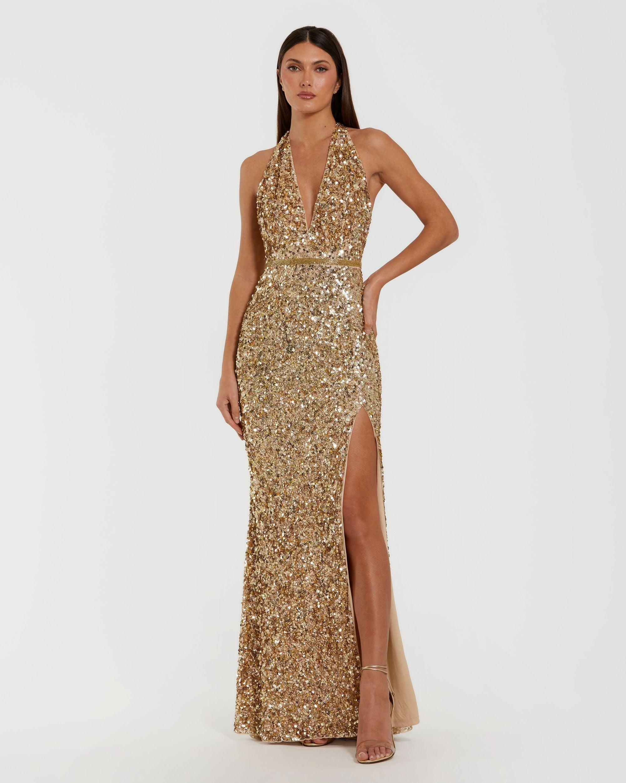 Gold Sequin Halter Column Gown Mac Duggal