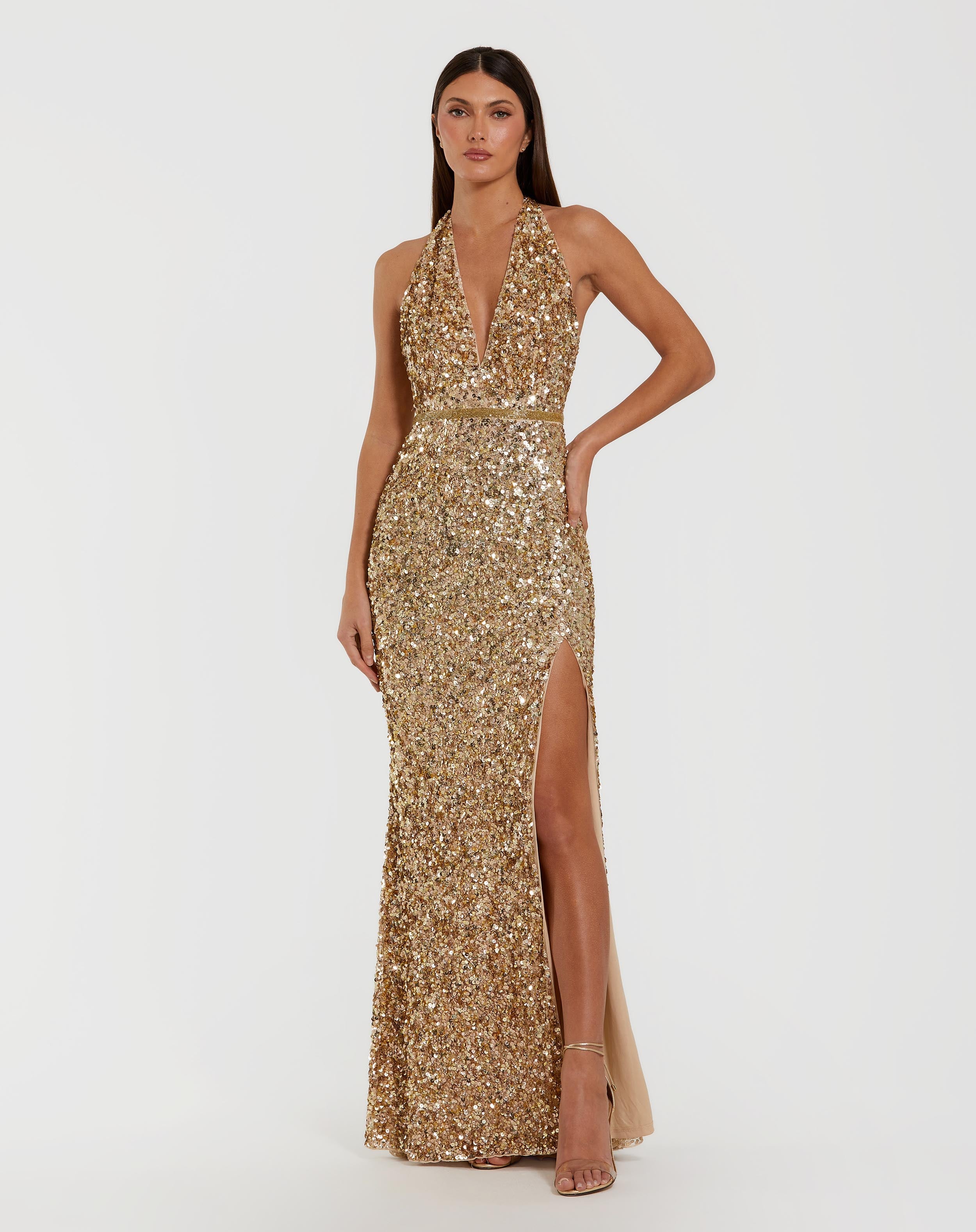 Gold Sequin Halter Column Gown Mac Duggal