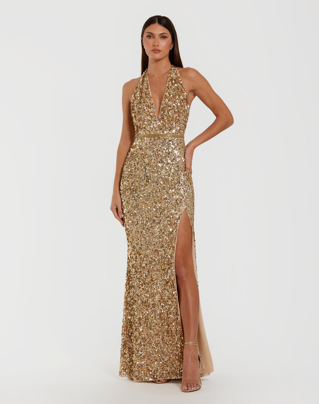 Gold Sequin Halter Column Gown Mac Duggal