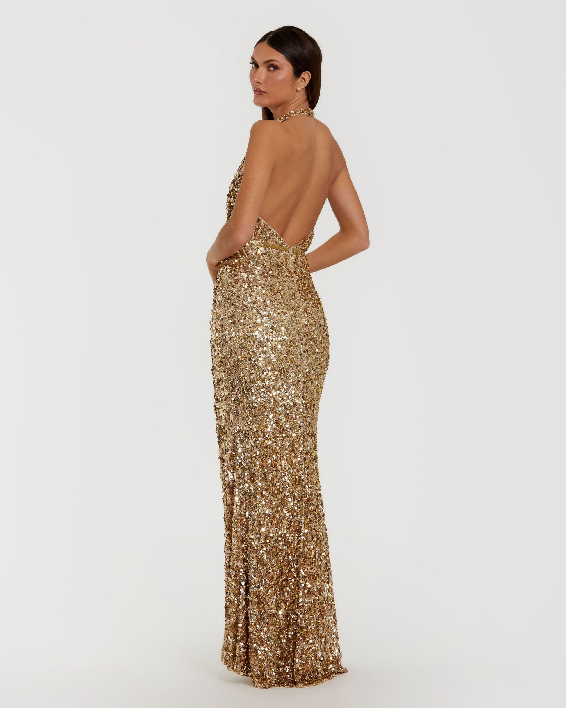 Gold Sequin Halter Column Gown