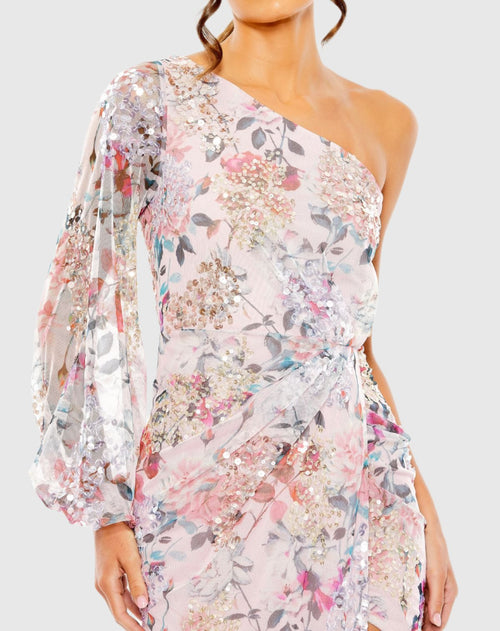 Sequined Floral Print One Sleeve Faux Wrap Gown