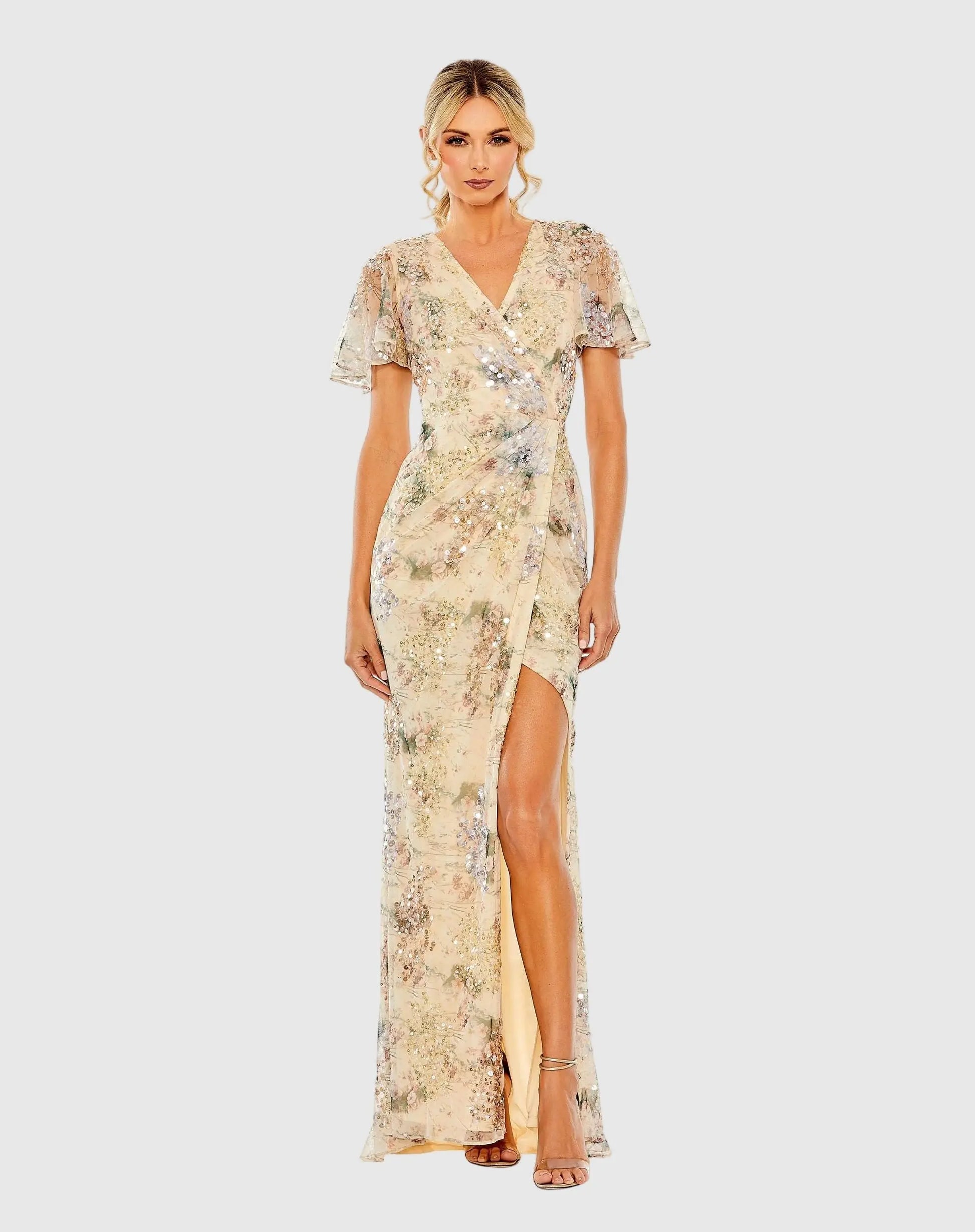 champagne flutter sleeve dress Mori Lee MGNY 72413 Flutter Sleeve Floral Dress