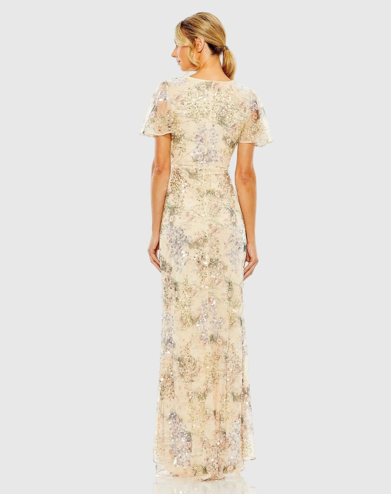 Beige Flutter Sleeve Embellished Evening Gown - Mac Duggal