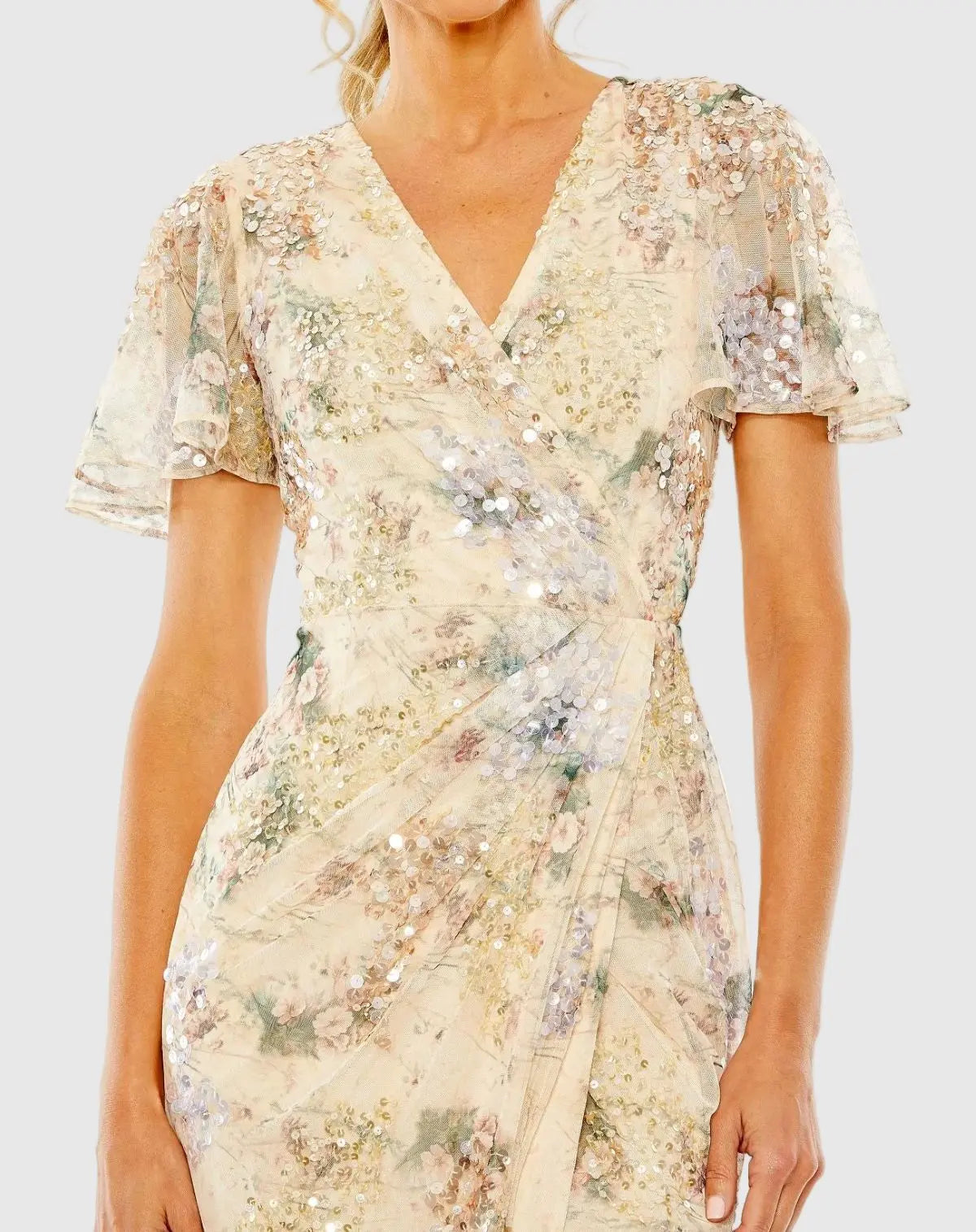 Beige Flutter Sleeve Embellished Evening Gown - Mac Duggal