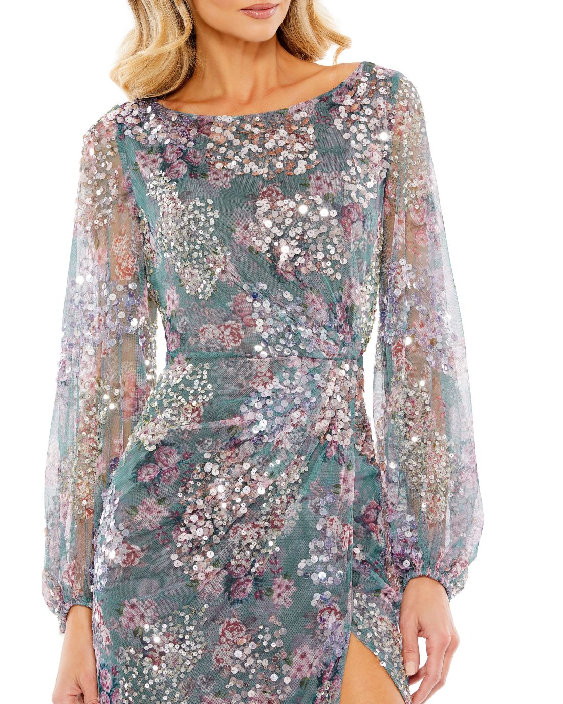 Embellished Illusion Long Sleeve Faux Wrap Gown