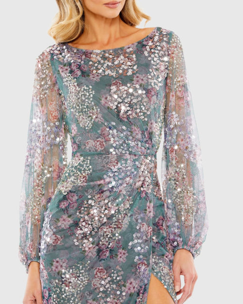 Embellished Illusion Long Sleeve Faux Wrap Gown