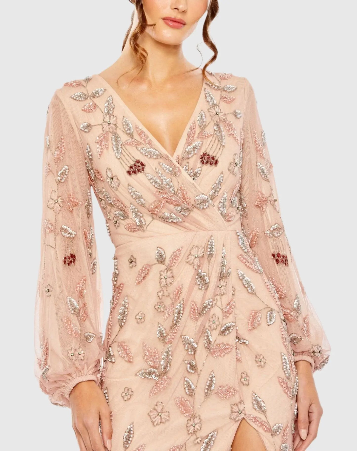 mac duggal square-neck floral beaded maxi dress Mac Duggal Women's Floral-Beaded Chiffon V-Neck Gown - Rose