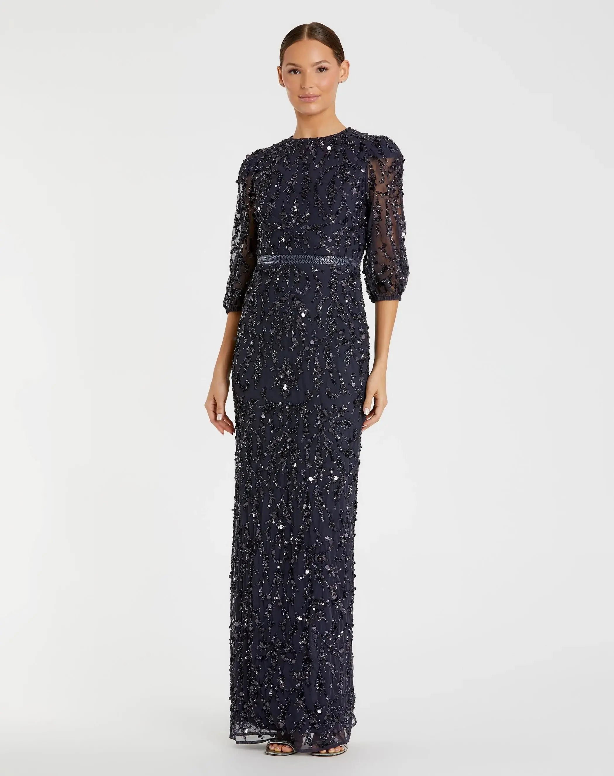 Navy Elbow Sleeve Embellished Gown - Mac Duggal