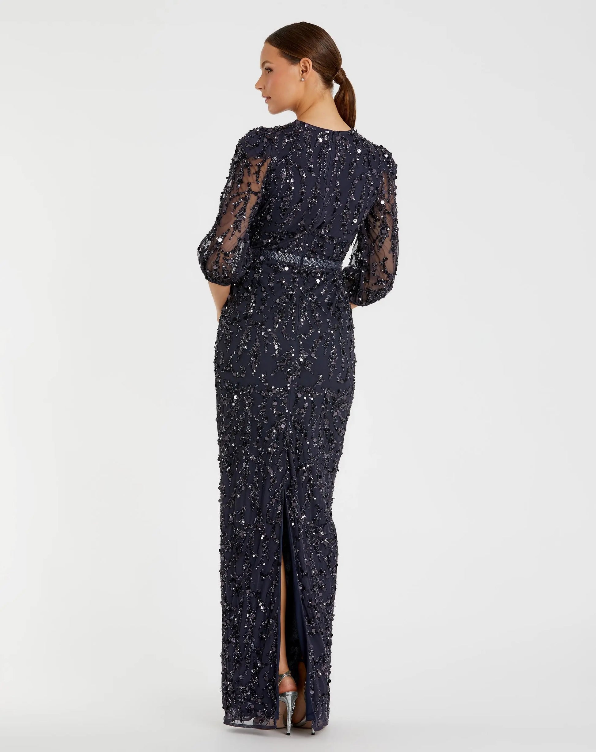 Sequined Elbow Sleeve Gown - Mac Duggal