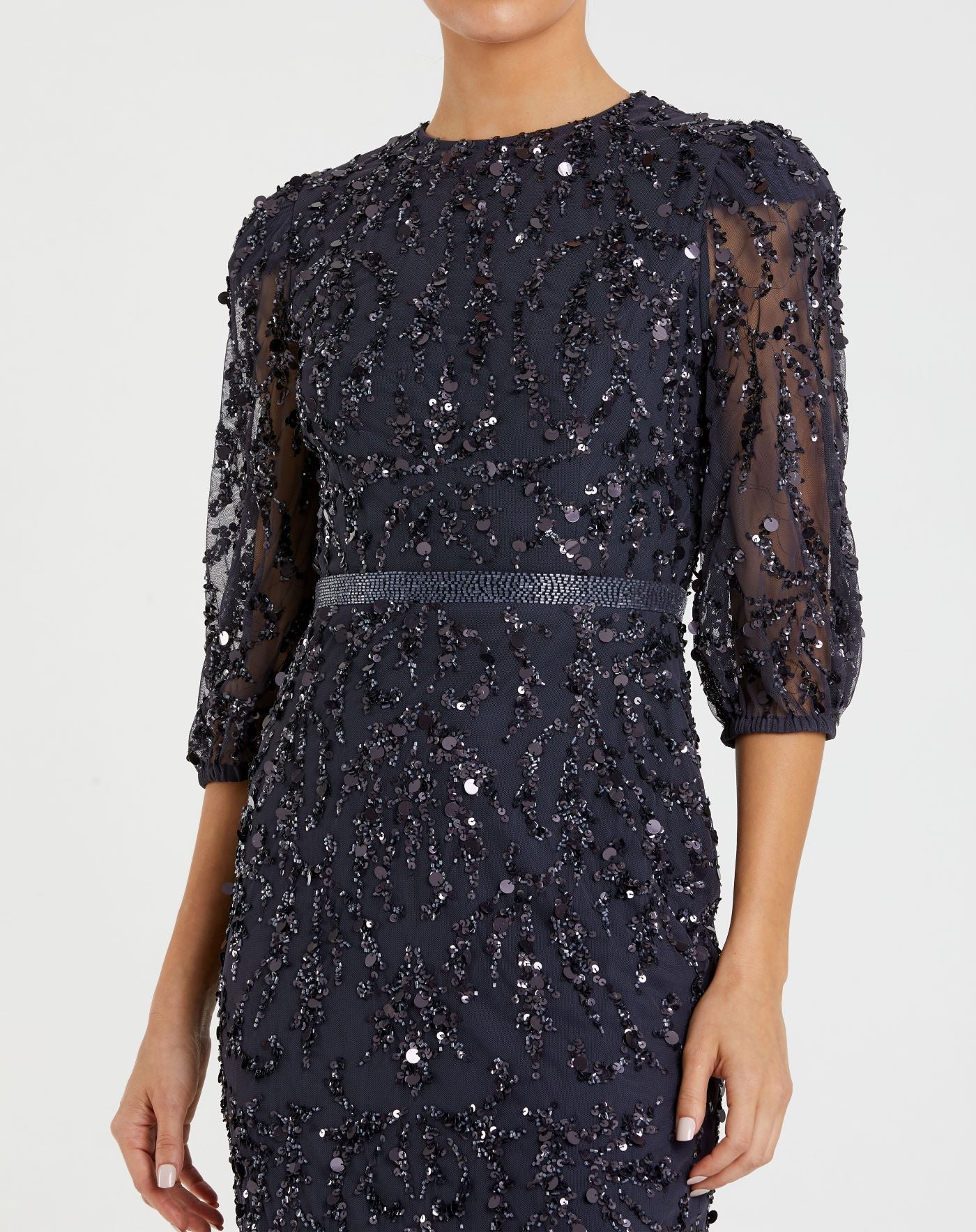 Sequined Elbow Sleeve Gown