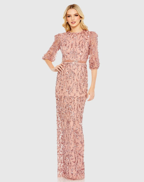 Pink Embellished Column Gown with 3/4 Sleeves  - Mac Duggal